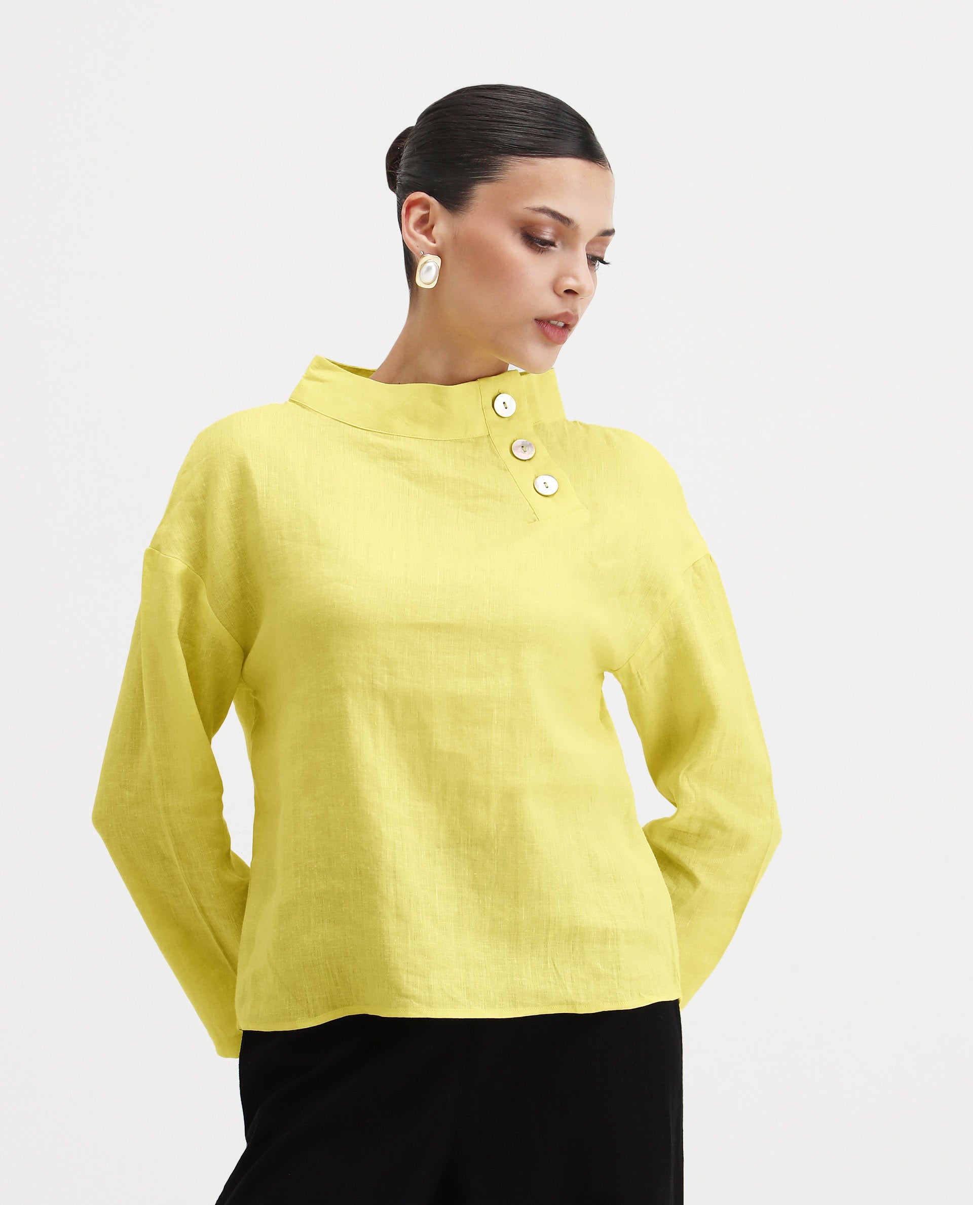 Rareism Women's Mayotte Pastel Yellow Linen Mandarin Collar Plain Relaxed Fit Top