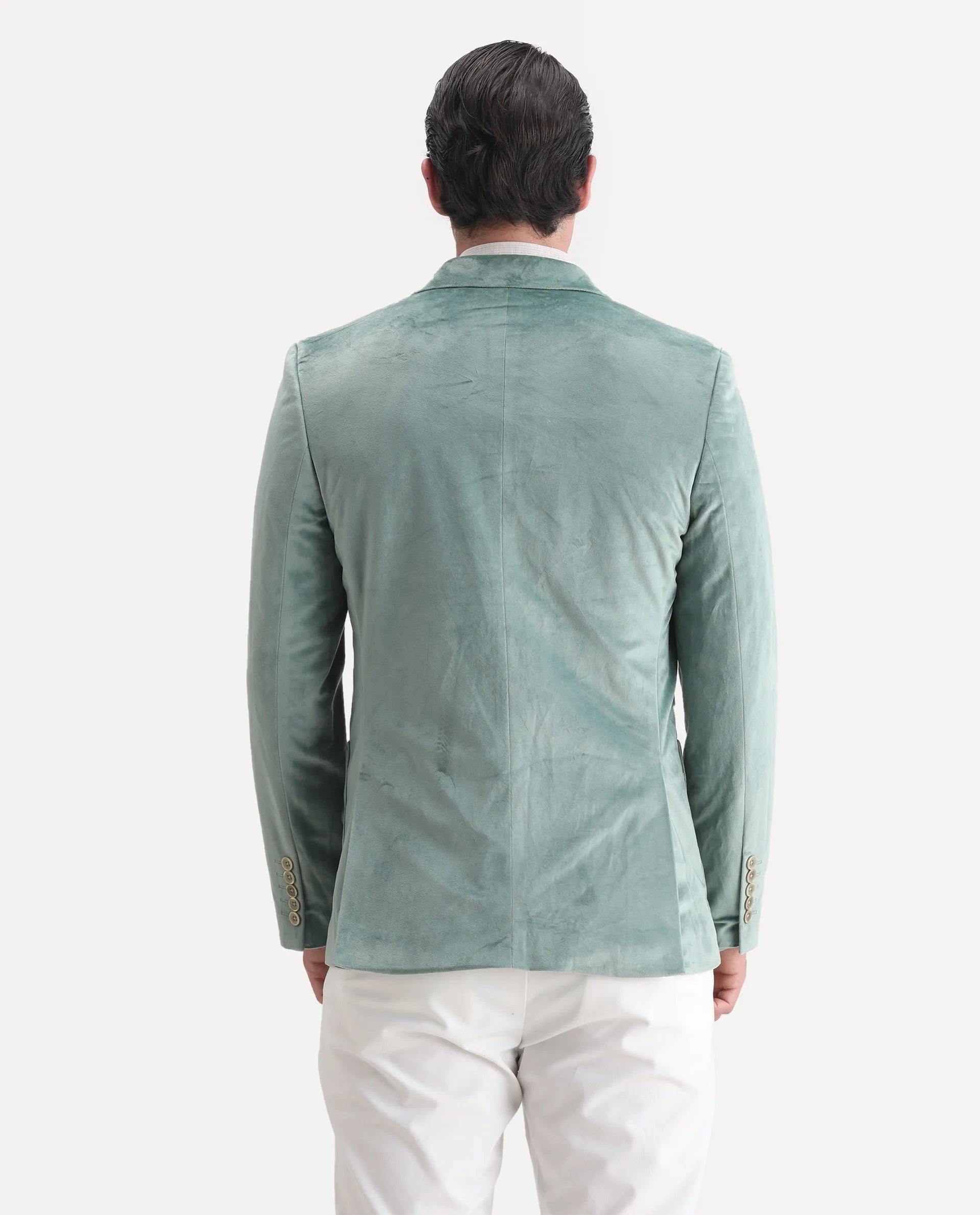 Rare Rabbit Men's Mazey Green Velvet Plain Tailored Fit Full Sleeve Lapel Neck Blazer