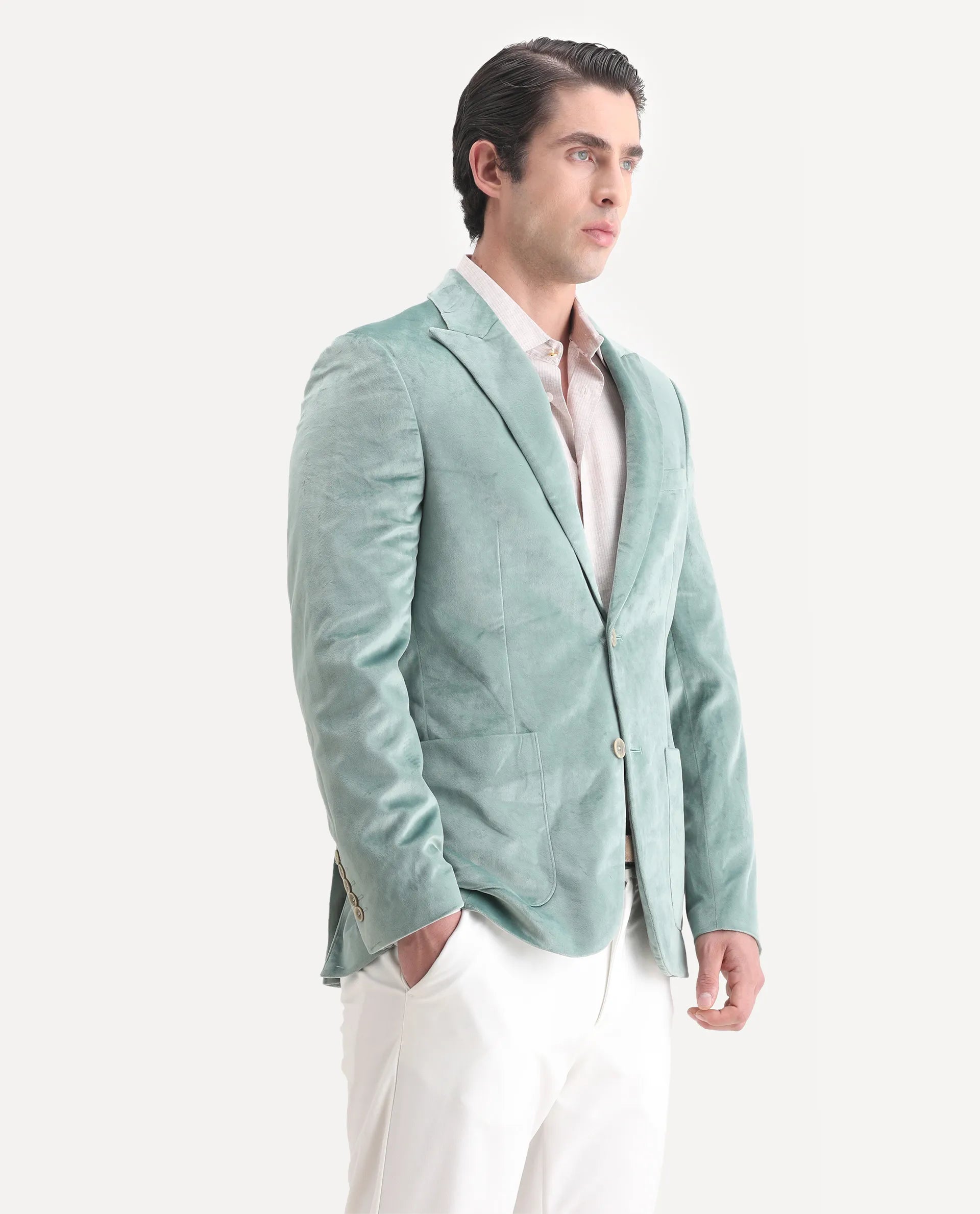 Rare Rabbit Men's Mazey Green Velvet Plain Tailored Fit Full Sleeve Lapel Neck Blazer