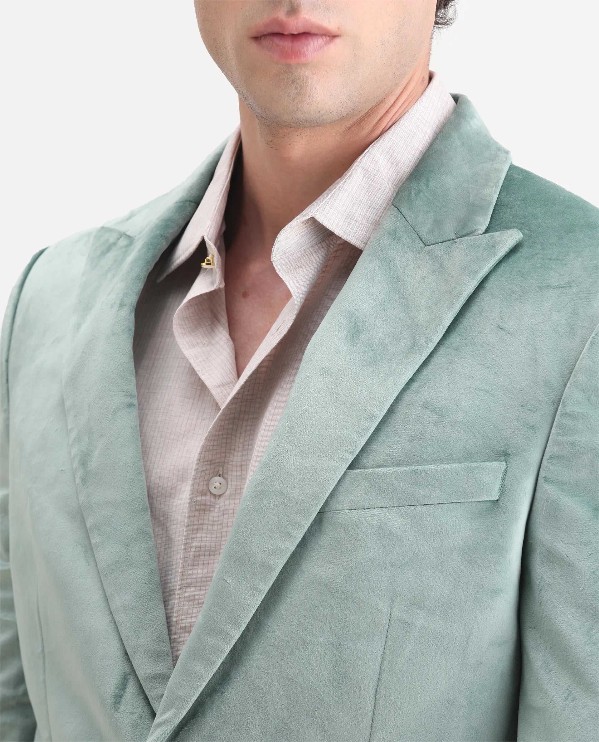 Rare Rabbit Men's Mazey Green Velvet Plain Tailored Fit Full Sleeve Lapel Neck Blazer