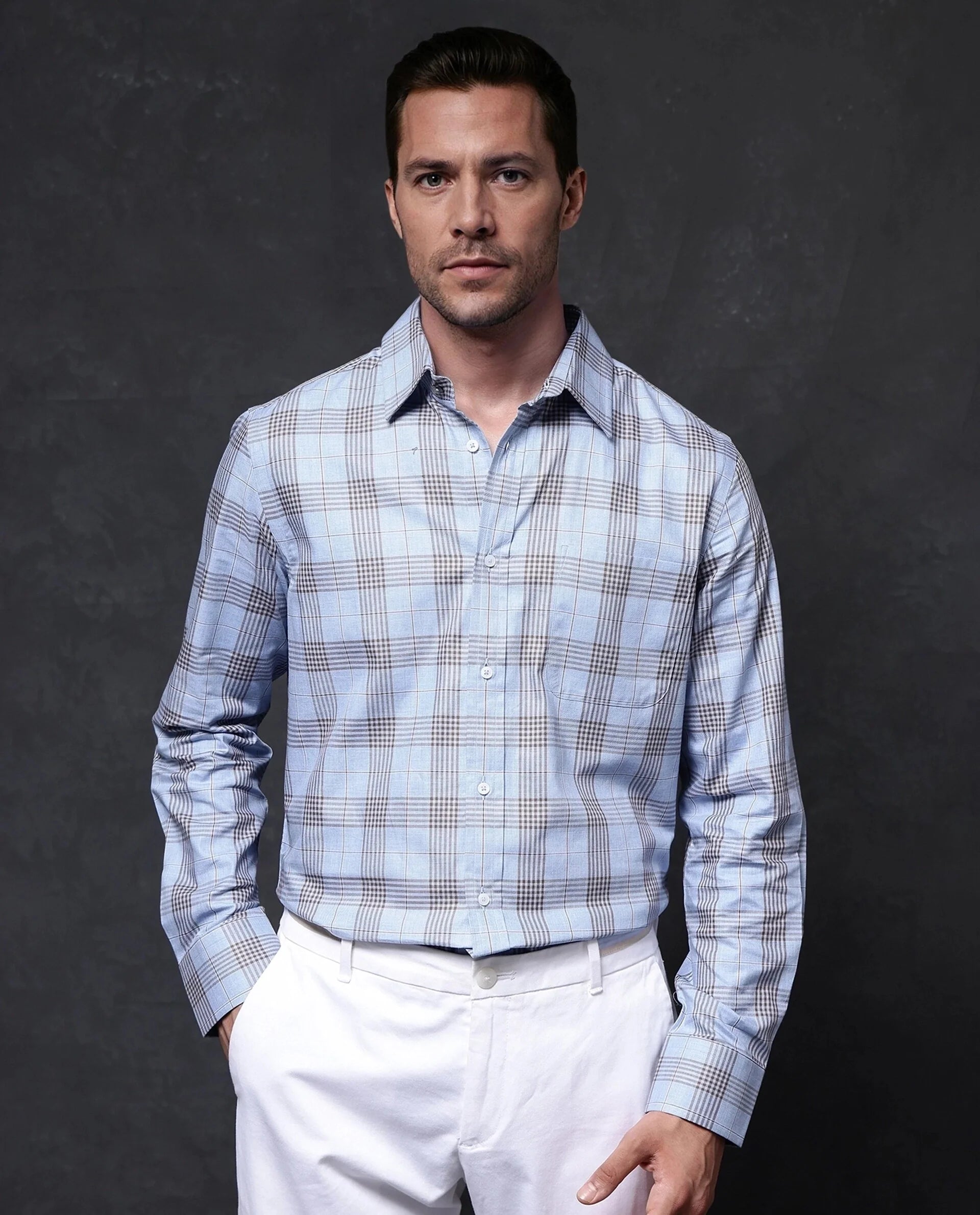 Rare Rabbit Men Mead Blue Full Sleeve Collared Neck Button Closure Regular Fit Checks Shirt