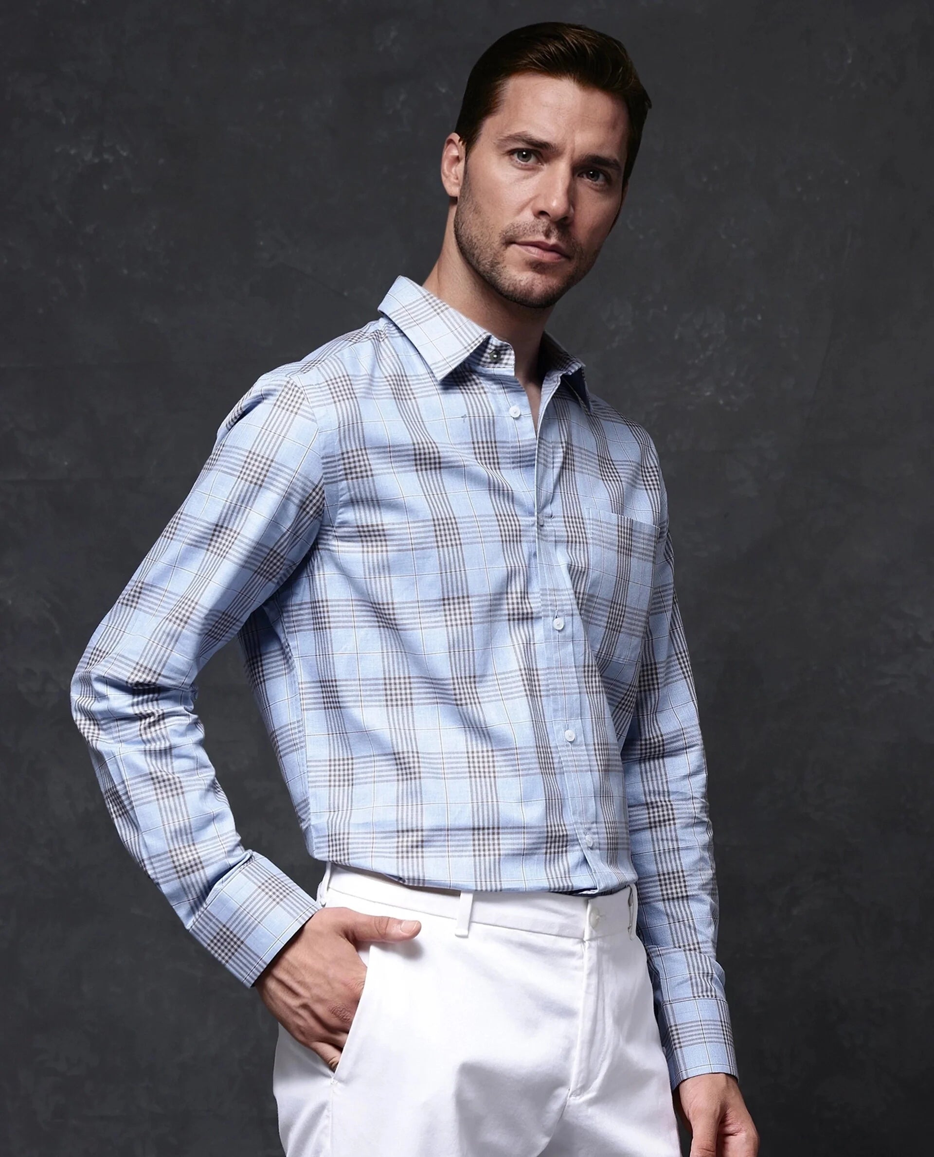 Rare Rabbit Men Mead Blue Full Sleeve Collared Neck Button Closure Regular Fit Checks Shirt