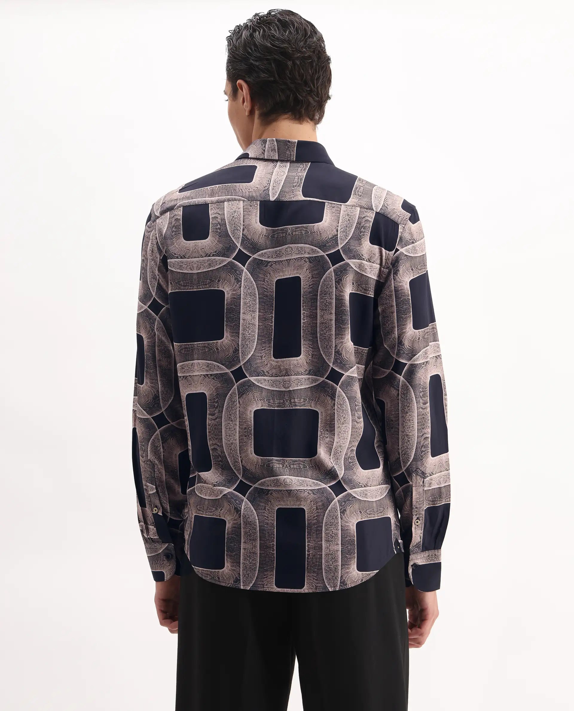 Rare Rabbit Men's Mecro-25 Black Viscose Geometric Print Regular Fit Full Sleeve Collared Shirt