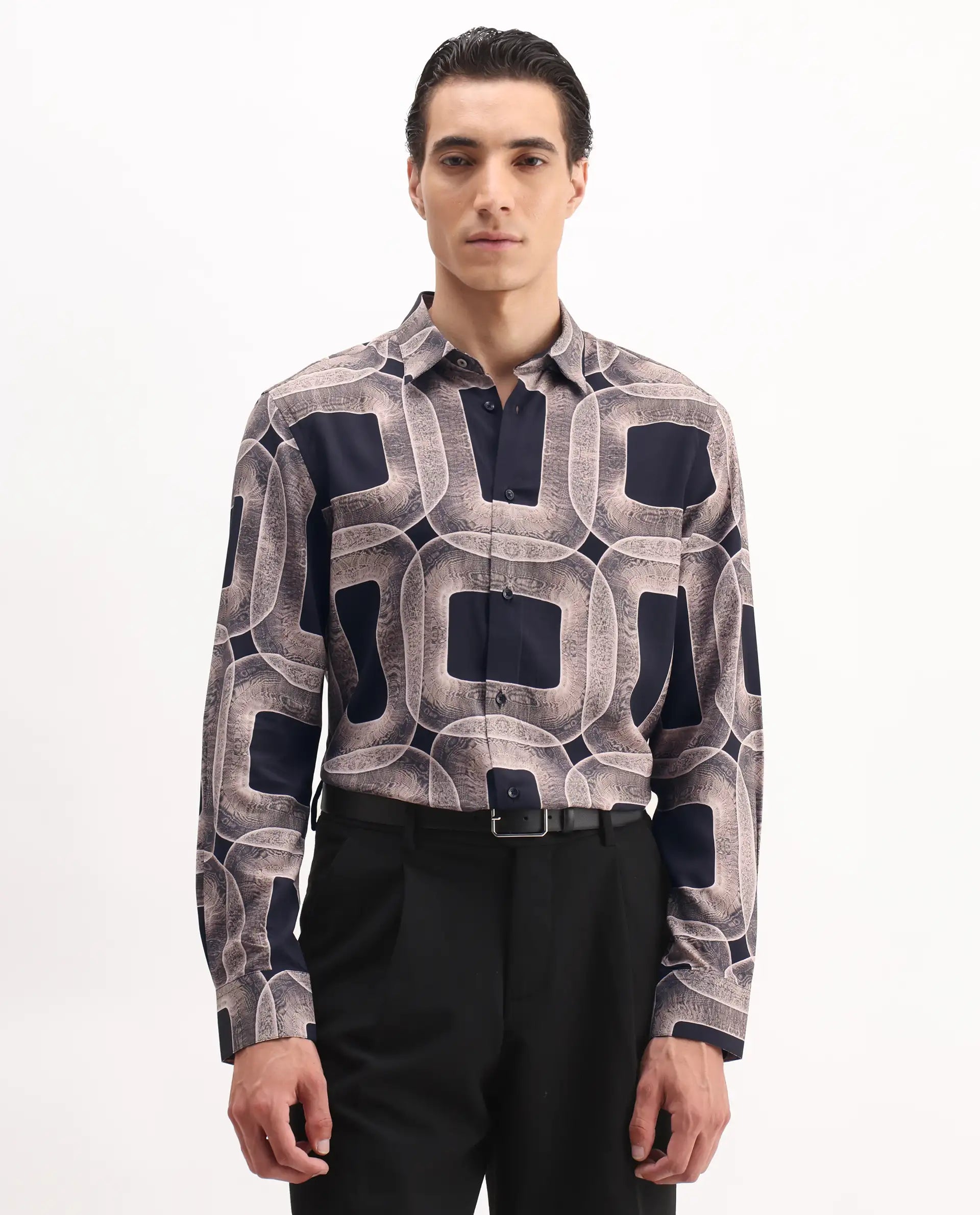 Rare Rabbit Men's Mecro-25 Black Viscose Geometric Print Regular Fit Full Sleeve Collared Shirt