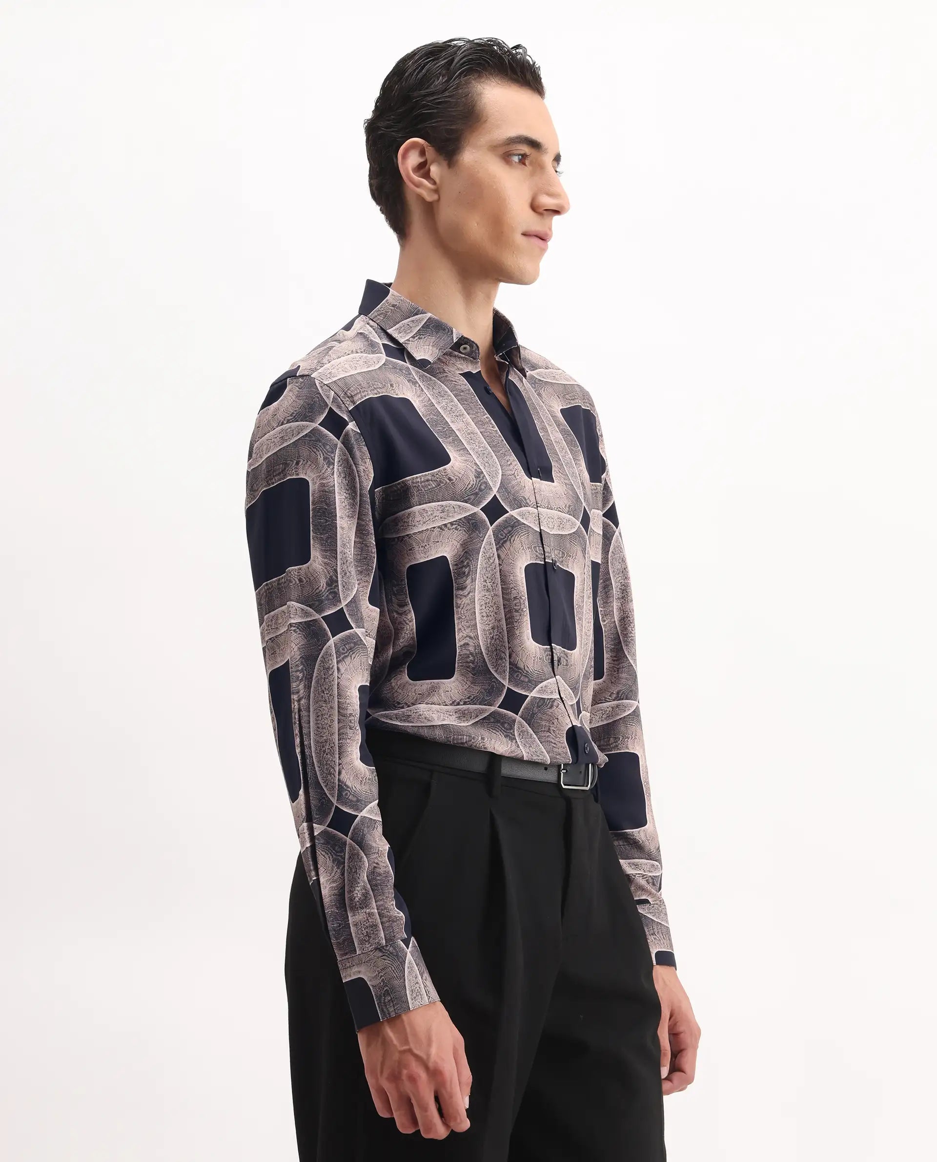 Rare Rabbit Men's Mecro-25 Black Viscose Geometric Print Regular Fit Full Sleeve Collared Shirt