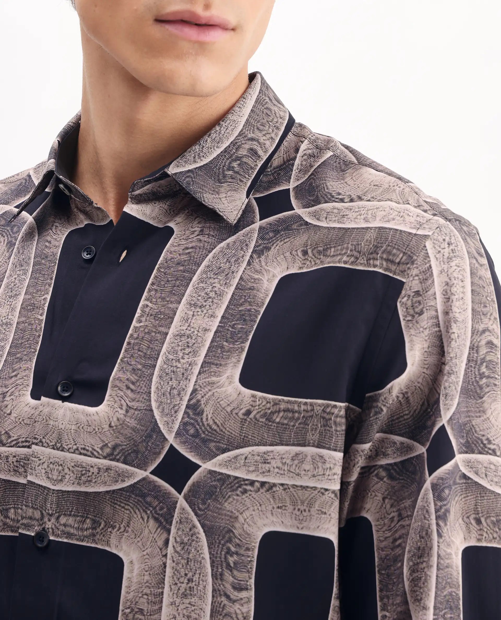 Rare Rabbit Men's Mecro-25 Black Viscose Geometric Print Regular Fit Full Sleeve Collared Shirt
