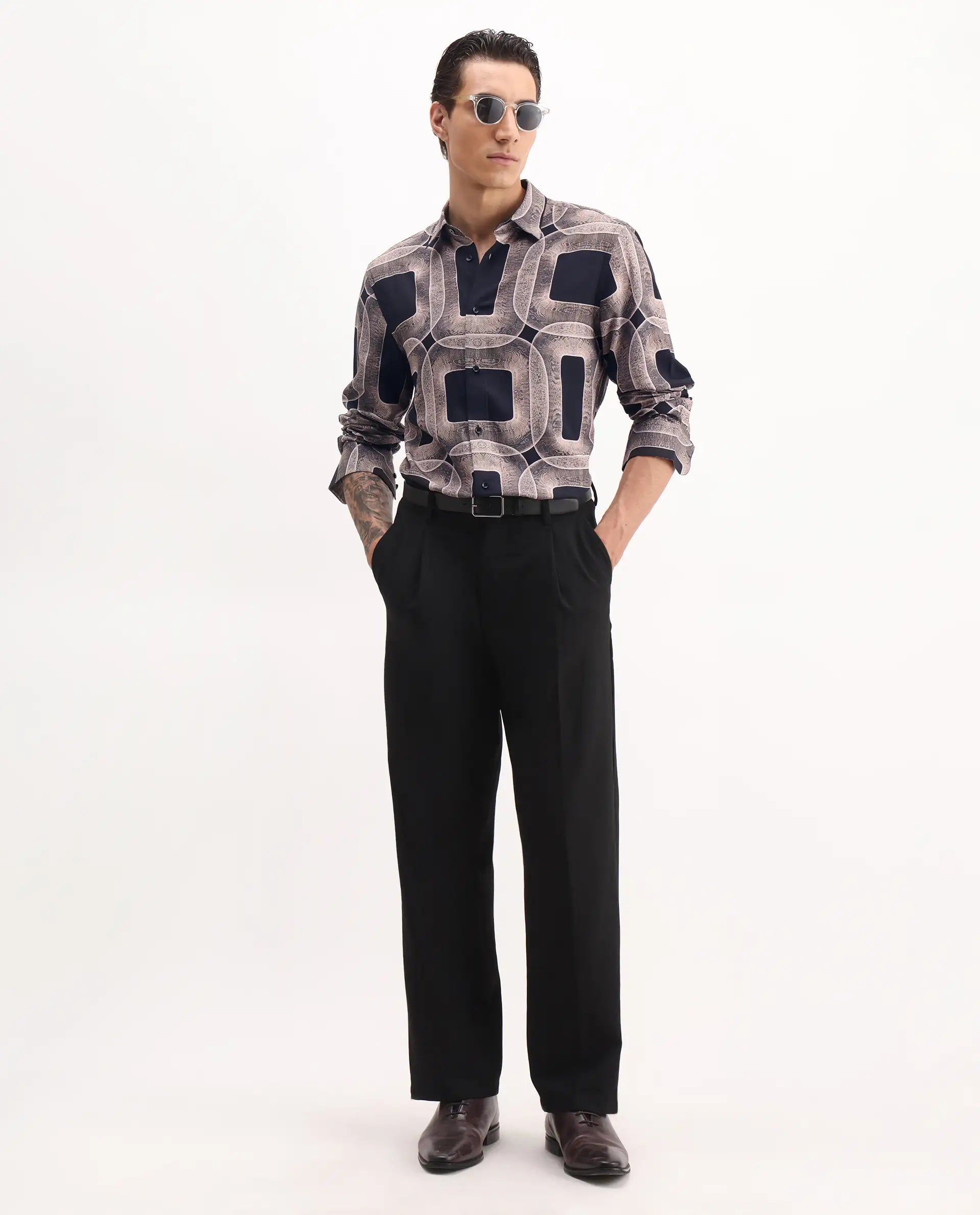 Rare Rabbit Men's Mecro-25 Black Viscose Geometric Print Regular Fit Full Sleeve Collared Shirt