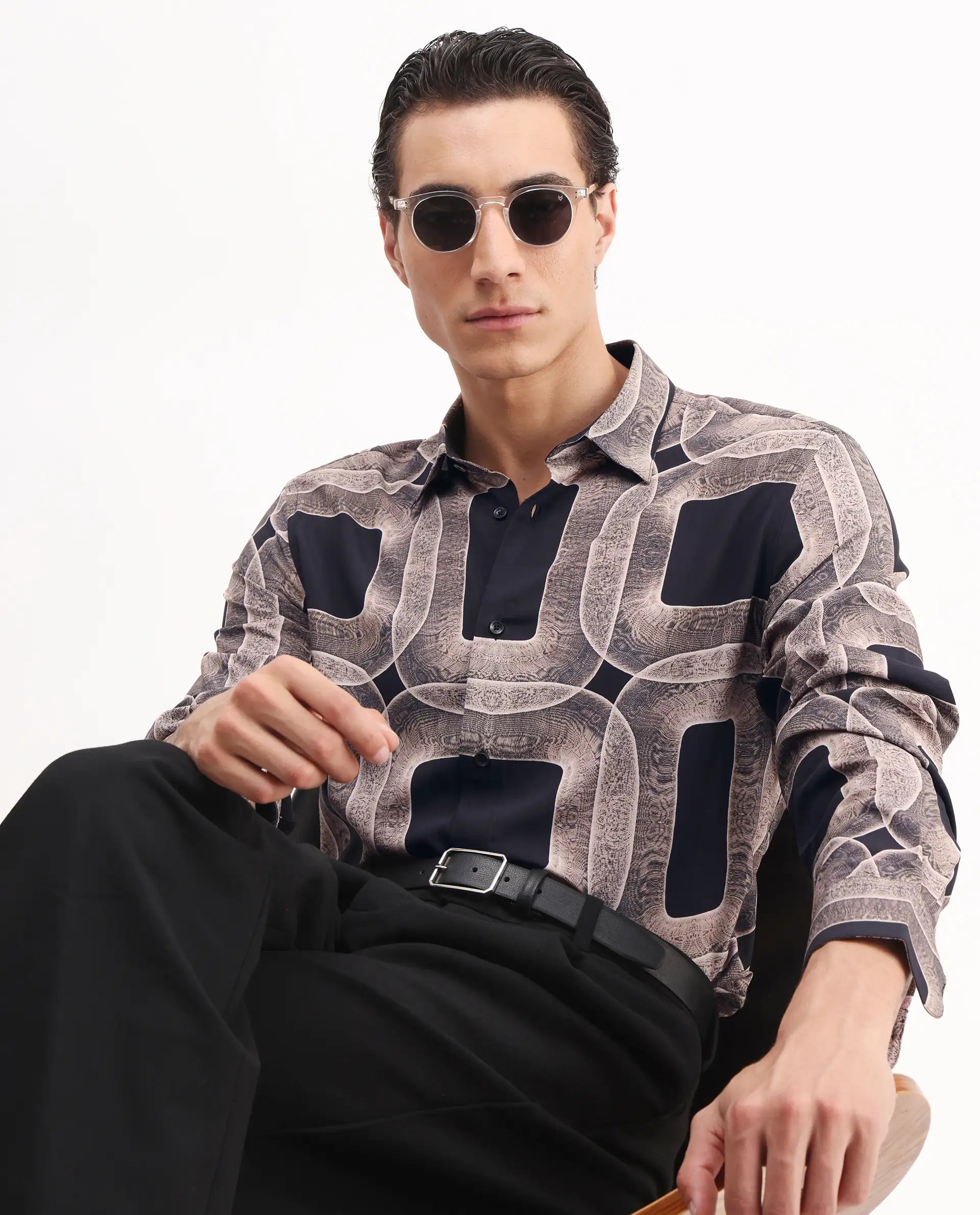 Rare Rabbit Men's Mecro-25 Black Viscose Geometric Print Regular Fit Full Sleeve Collared Shirt
