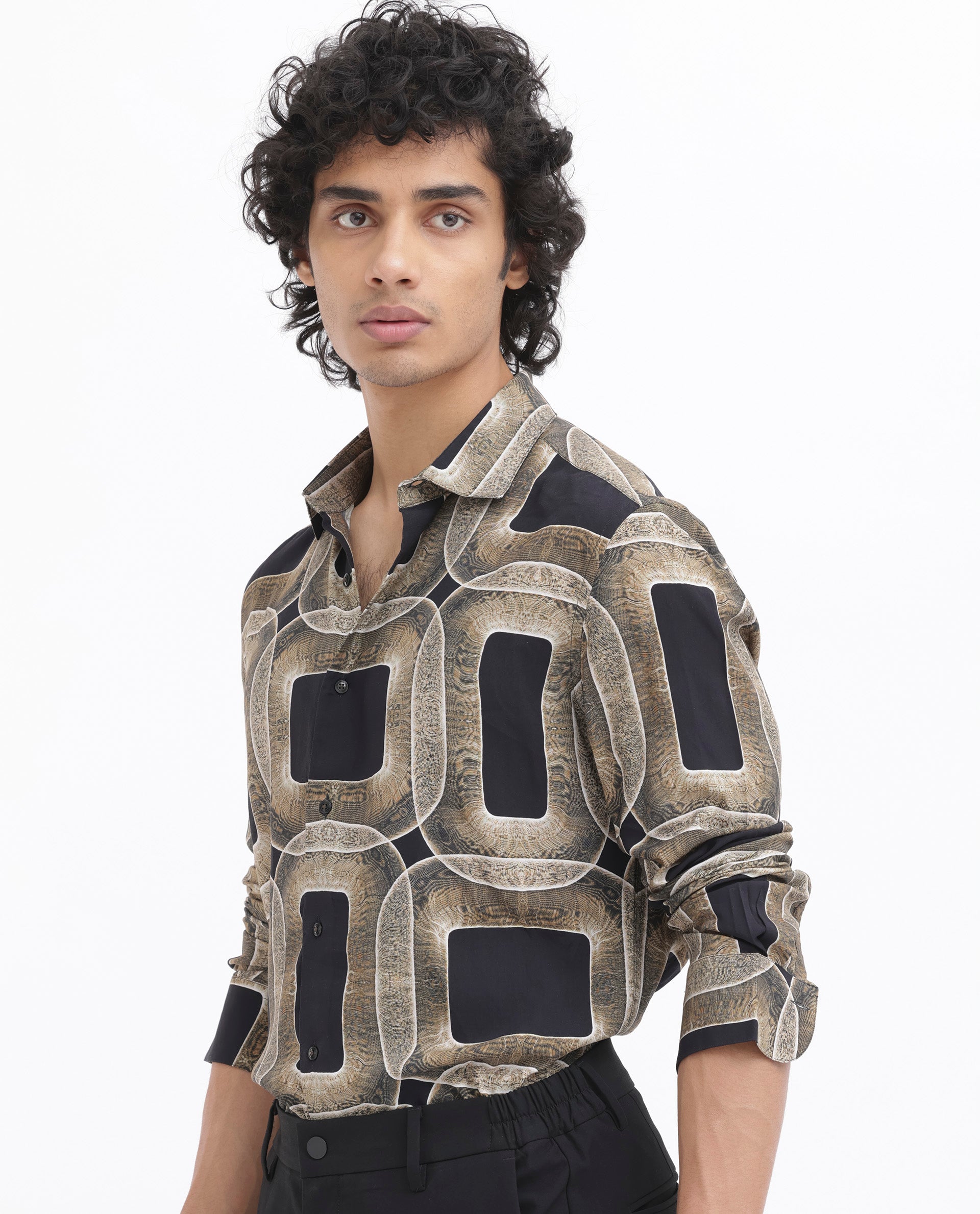 Rare Rabbit Men's Mecro LS Mustard Viscose Fabric Full Sleeves Abstract Geometric Print Shirt