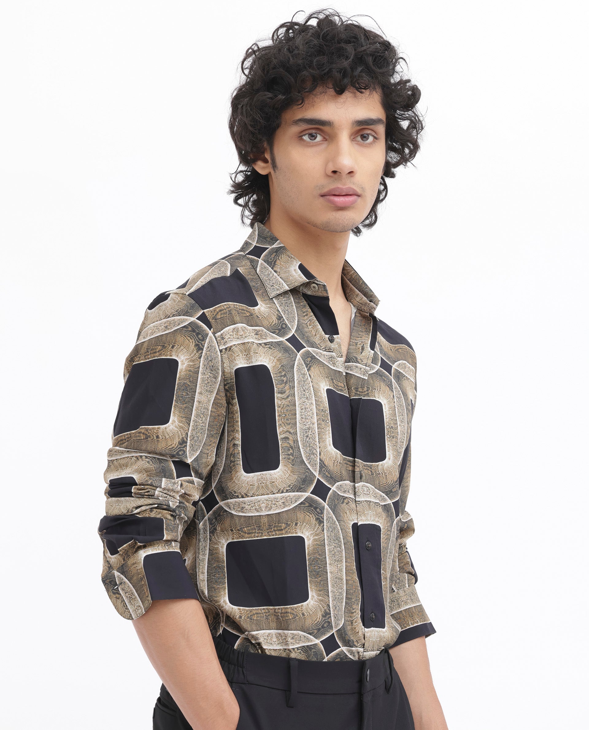 Rare Rabbit Men's Mecro LS Mustard Viscose Fabric Full Sleeves Abstract Geometric Print Shirt