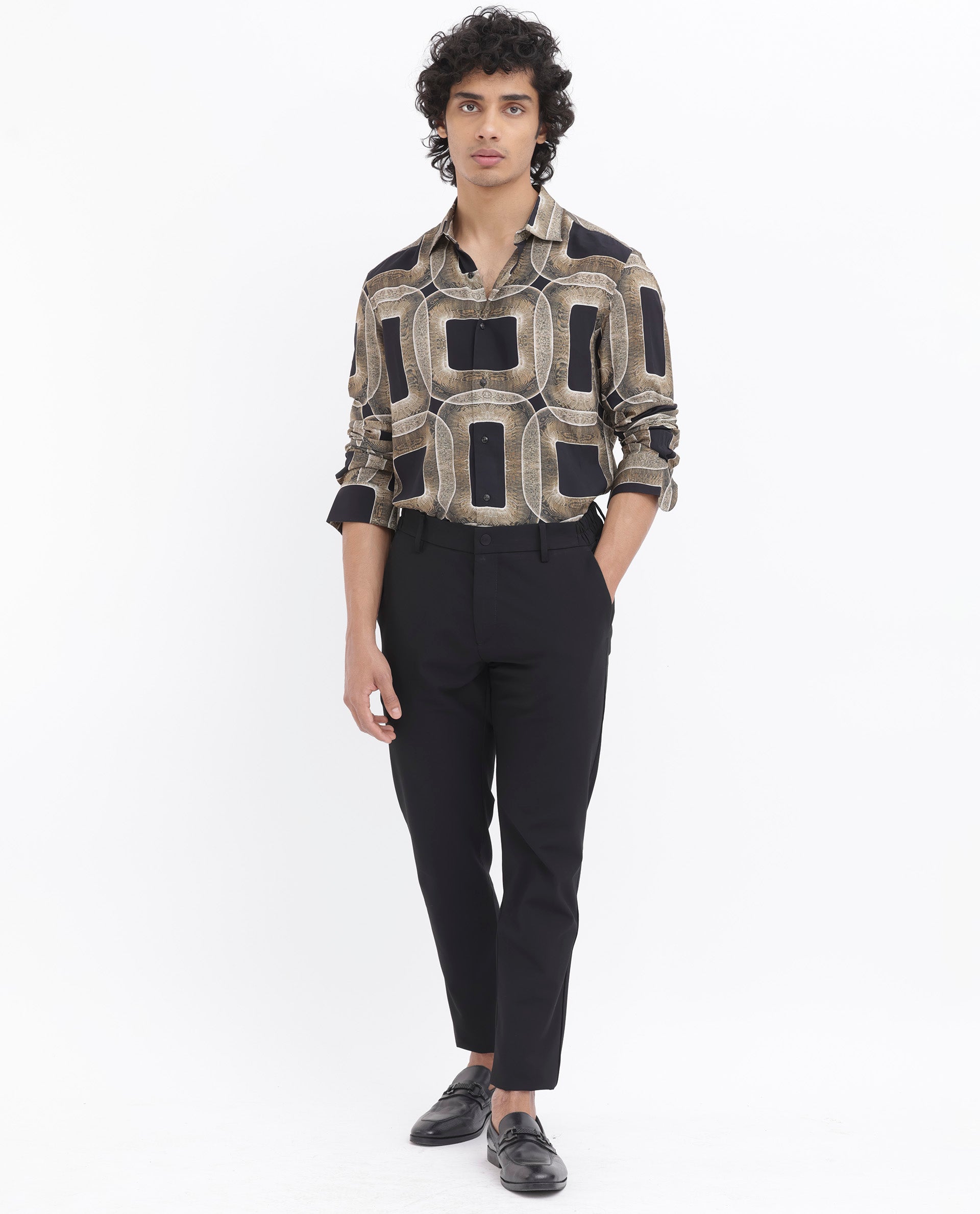 Rare Rabbit Men's Mecro LS Mustard Viscose Fabric Full Sleeves Abstract Geometric Print Shirt