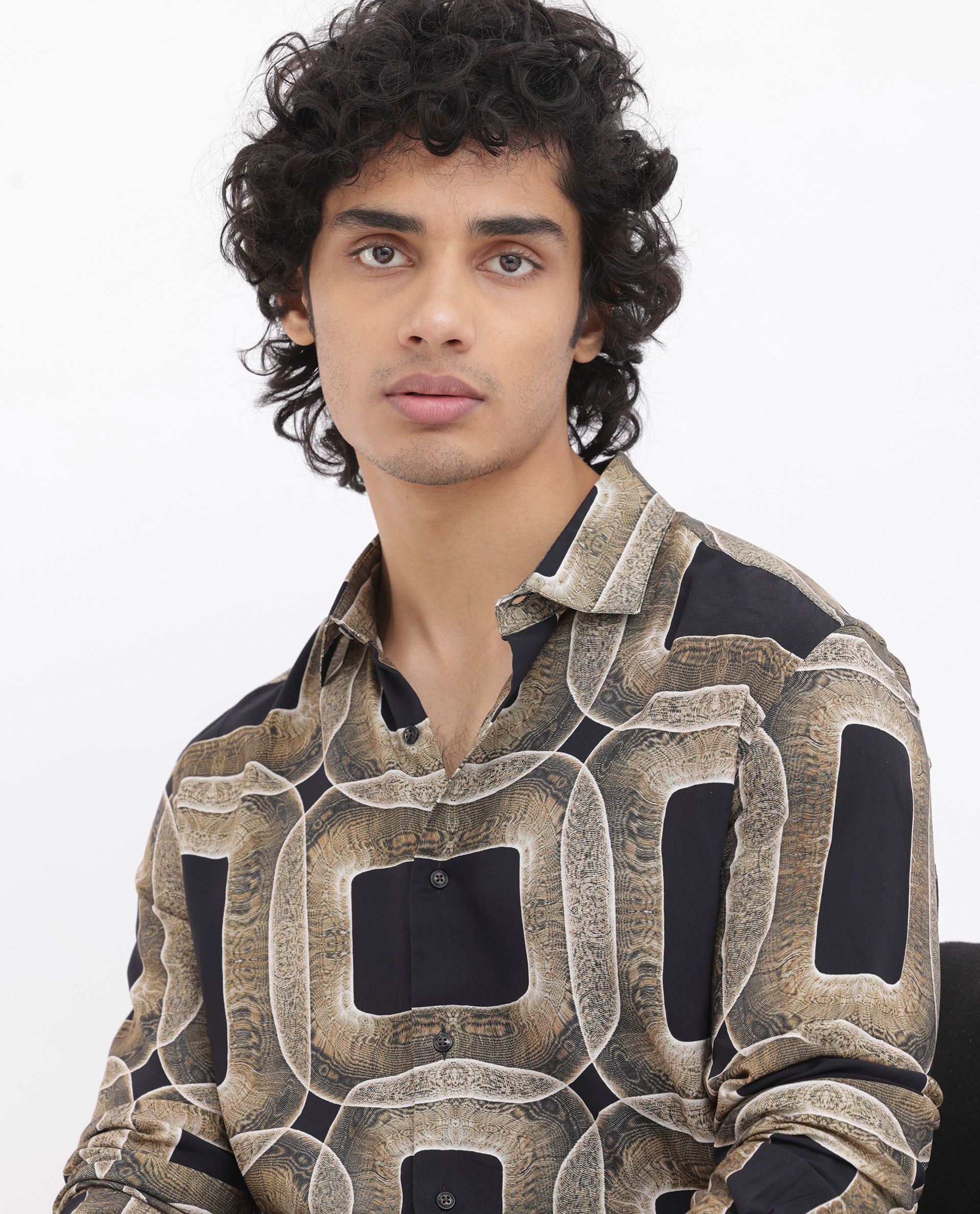 Rare Rabbit Men's Mecro LS Mustard Viscose Fabric Full Sleeves Abstract Geometric Print Shirt