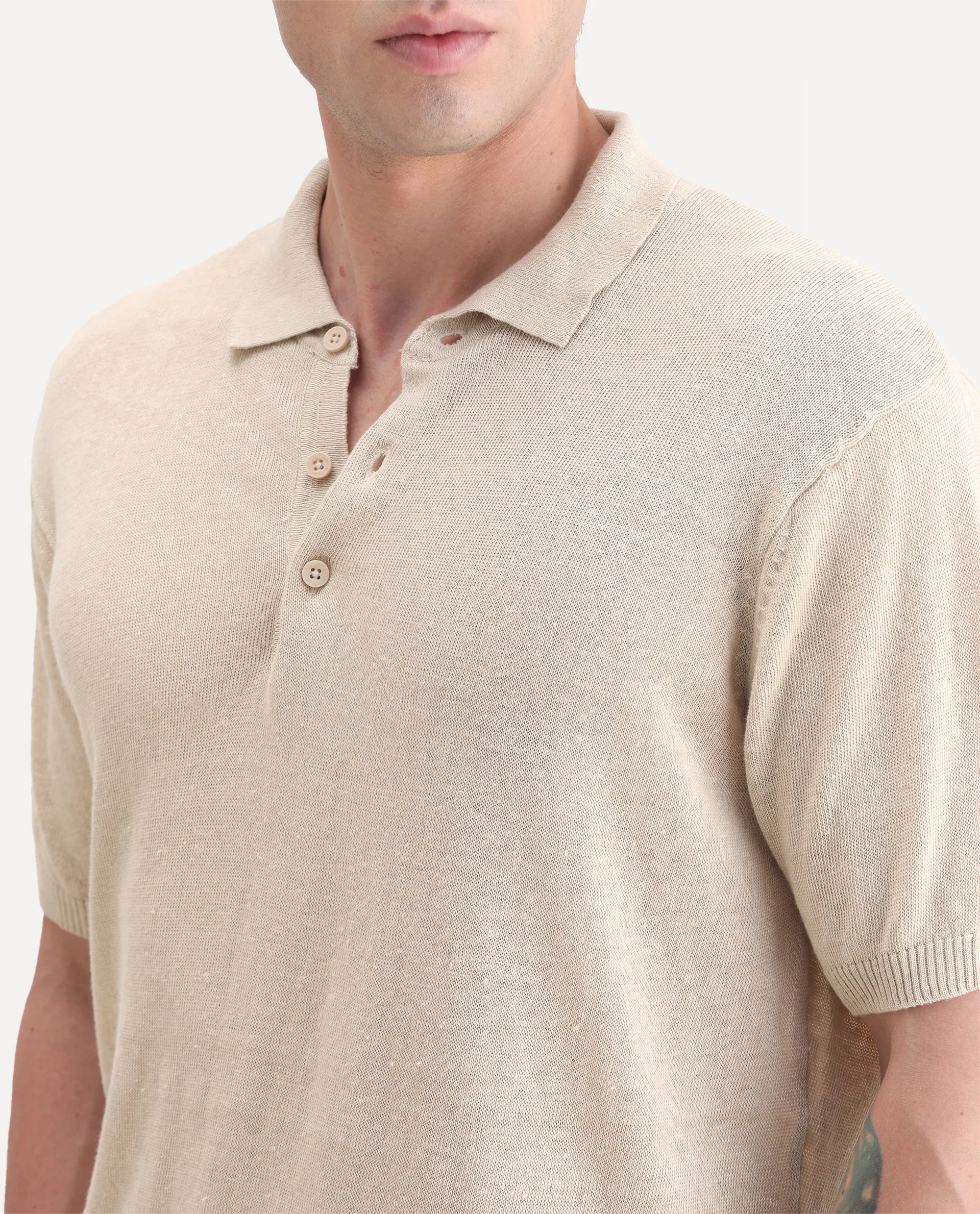 Rare Rabbit Men's Mekko-25 Beige Linen Blend Plain Regular Fit Half Sleeve Polo