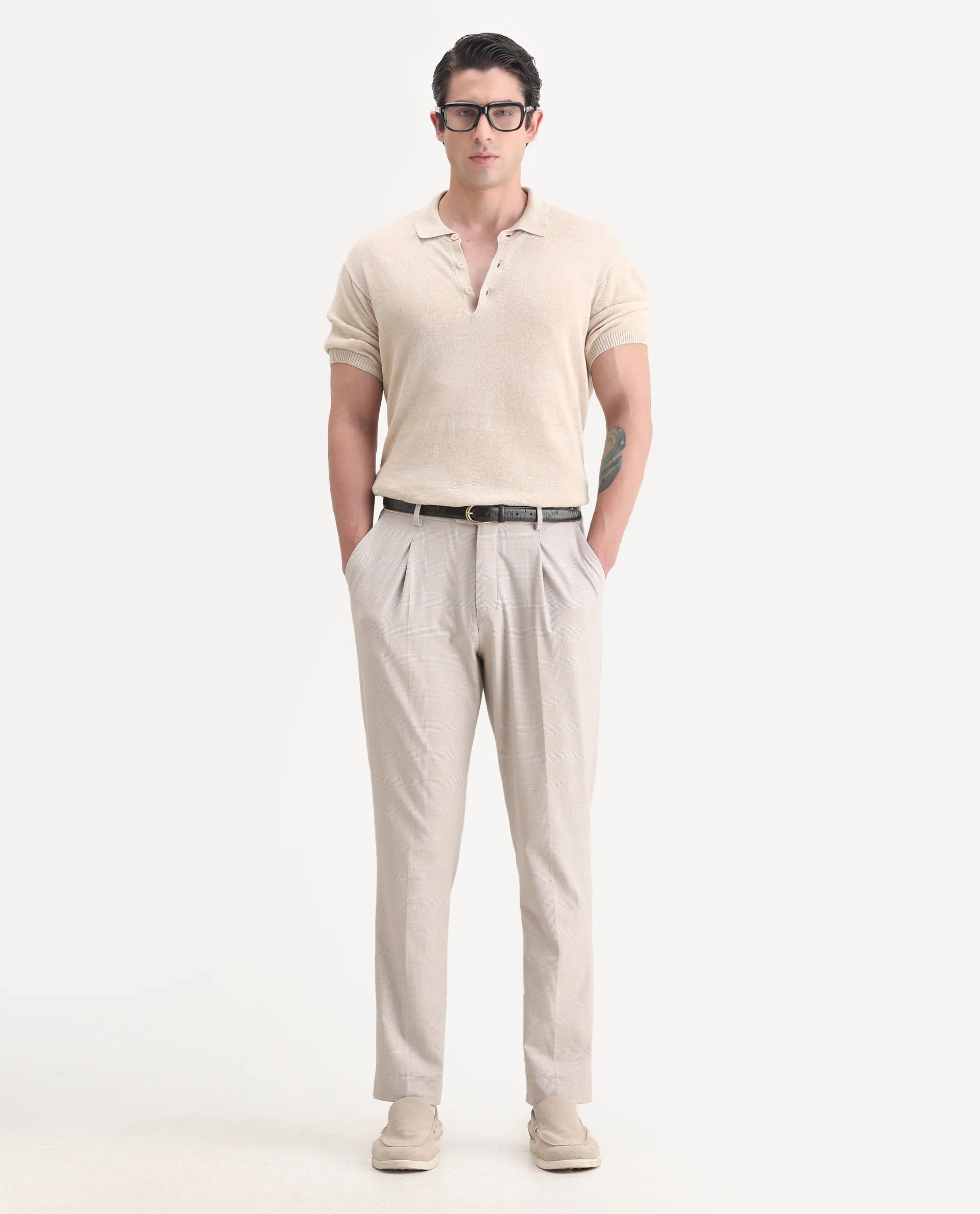 Rare Rabbit Men's Mekko-25 Beige Linen Blend Plain Regular Fit Half Sleeve Polo