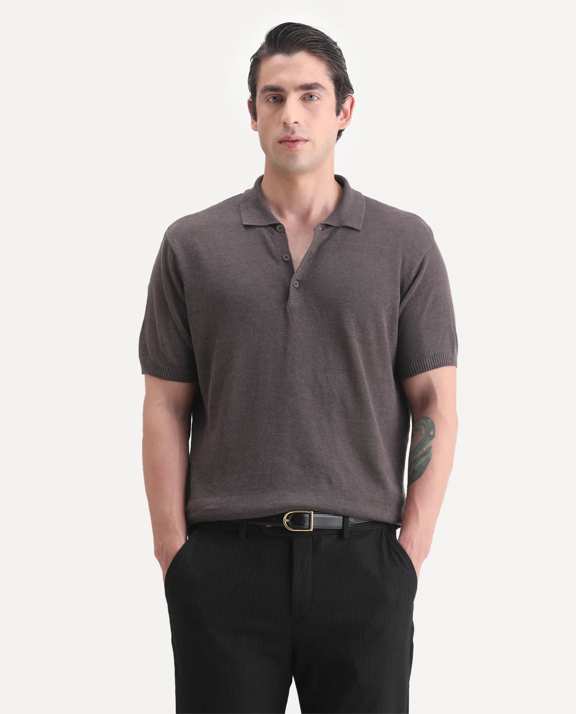 Rare Rabbit Men's Mekko-25 Dark Brown Linen Blend Plain Regular Fit Half Sleeve Polo
