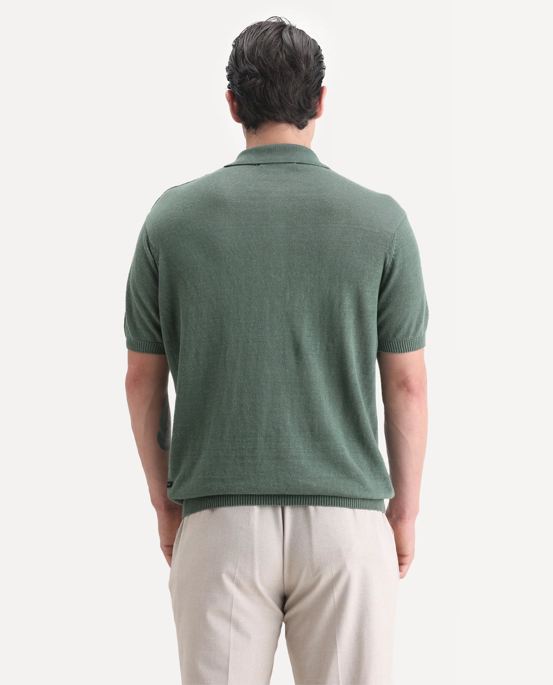 Rare Rabbit Men's Mekko-25 Green Linen Blend Plain Regular Fit Half Sleeve Polo