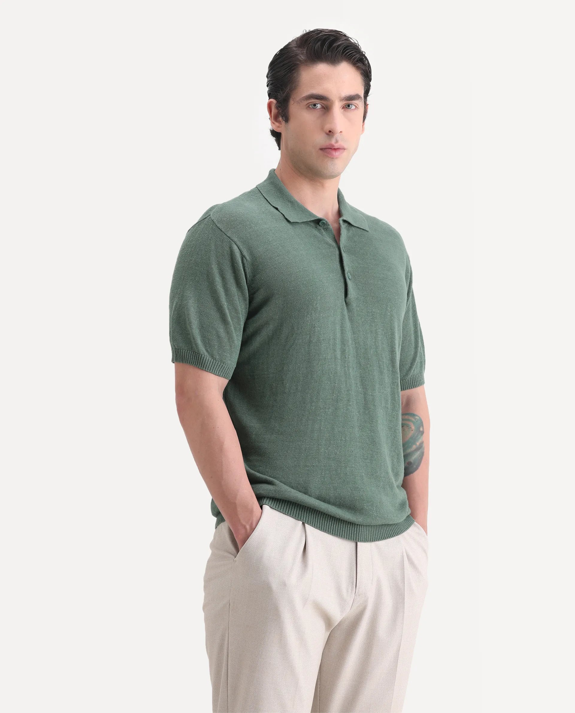 Rare Rabbit Men's Mekko-25 Green Linen Blend Plain Regular Fit Half Sleeve Polo