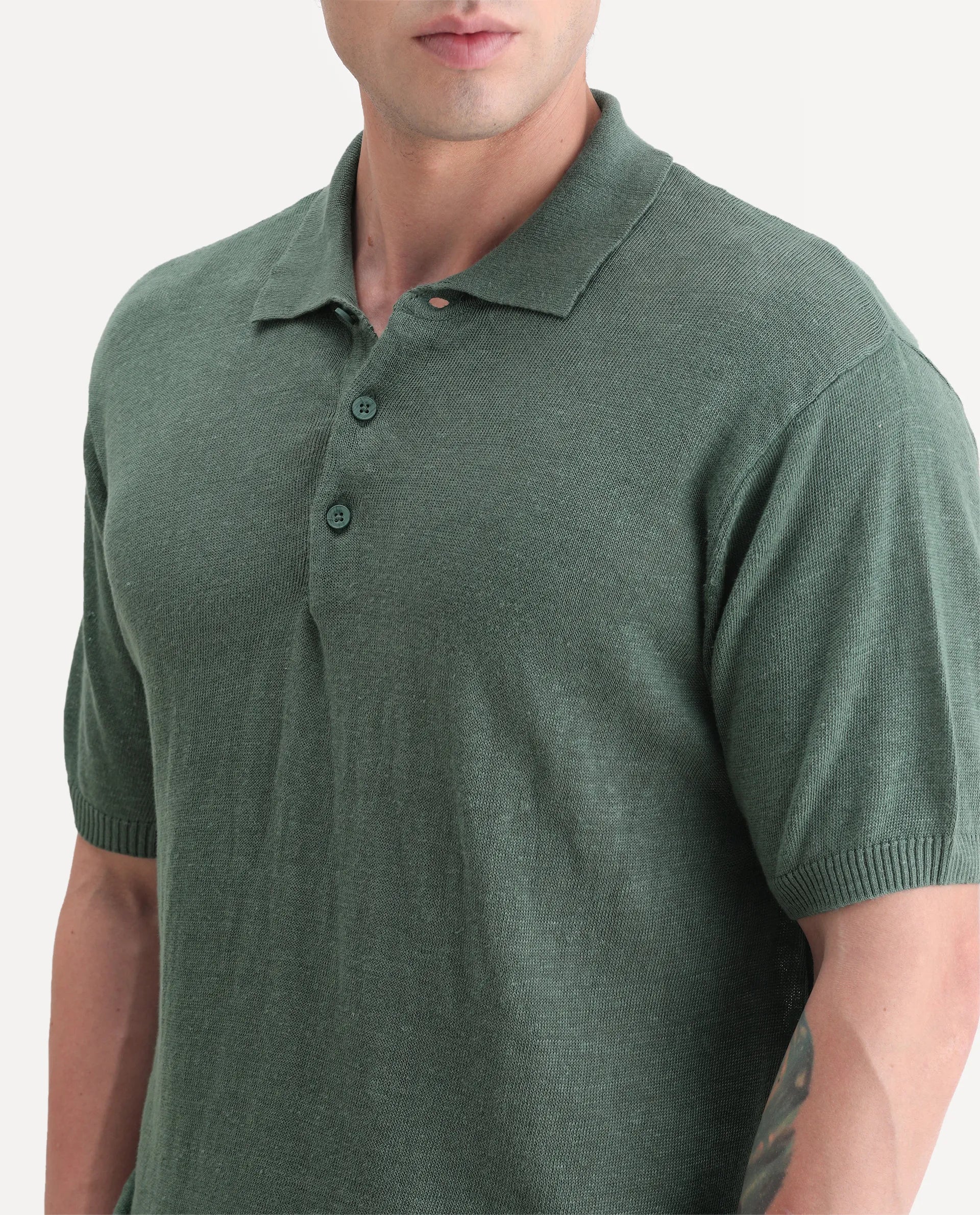 Rare Rabbit Men's Mekko-25 Green Linen Blend Plain Regular Fit Half Sleeve Polo