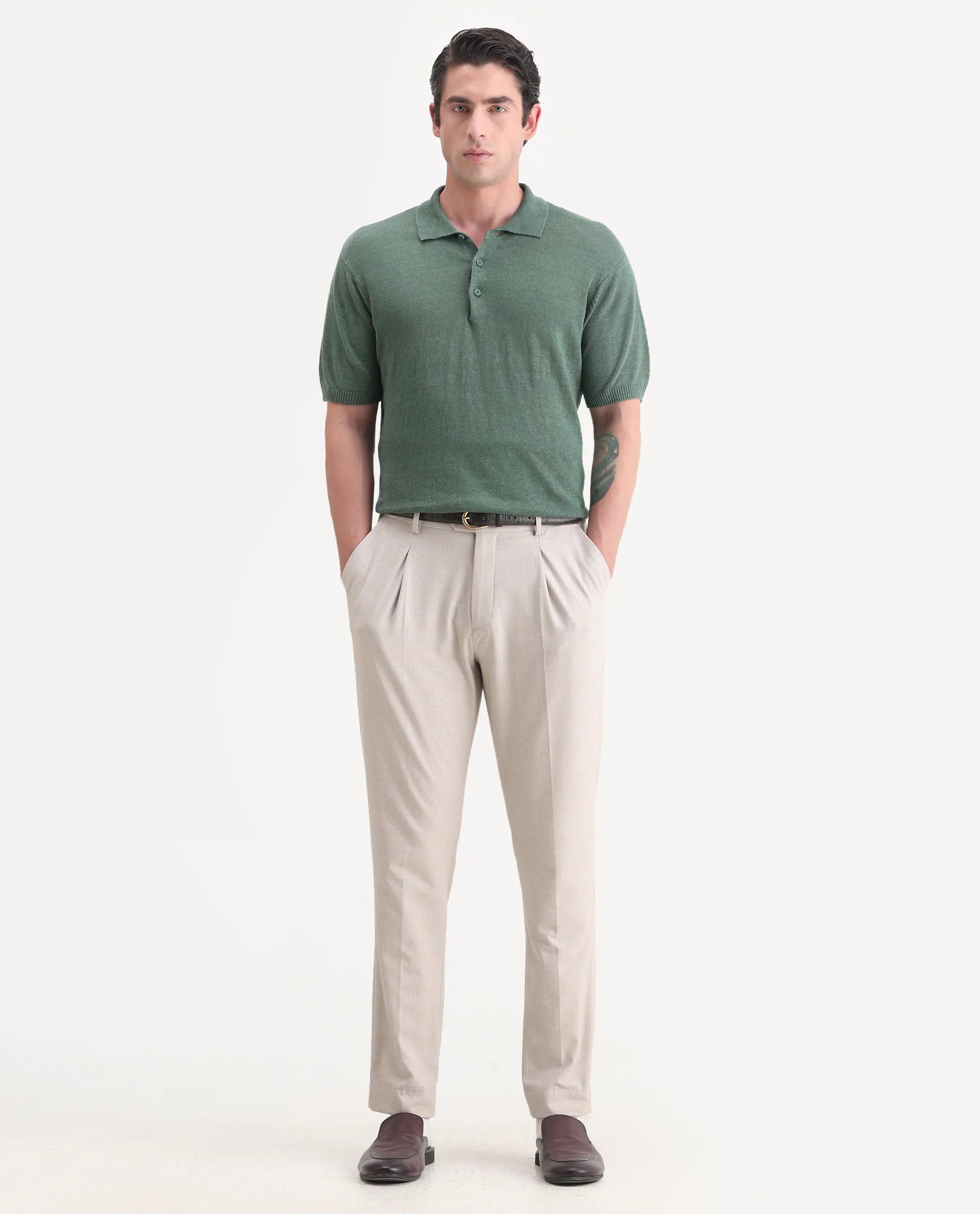 Rare Rabbit Men's Mekko-25 Green Linen Blend Plain Regular Fit Half Sleeve Polo