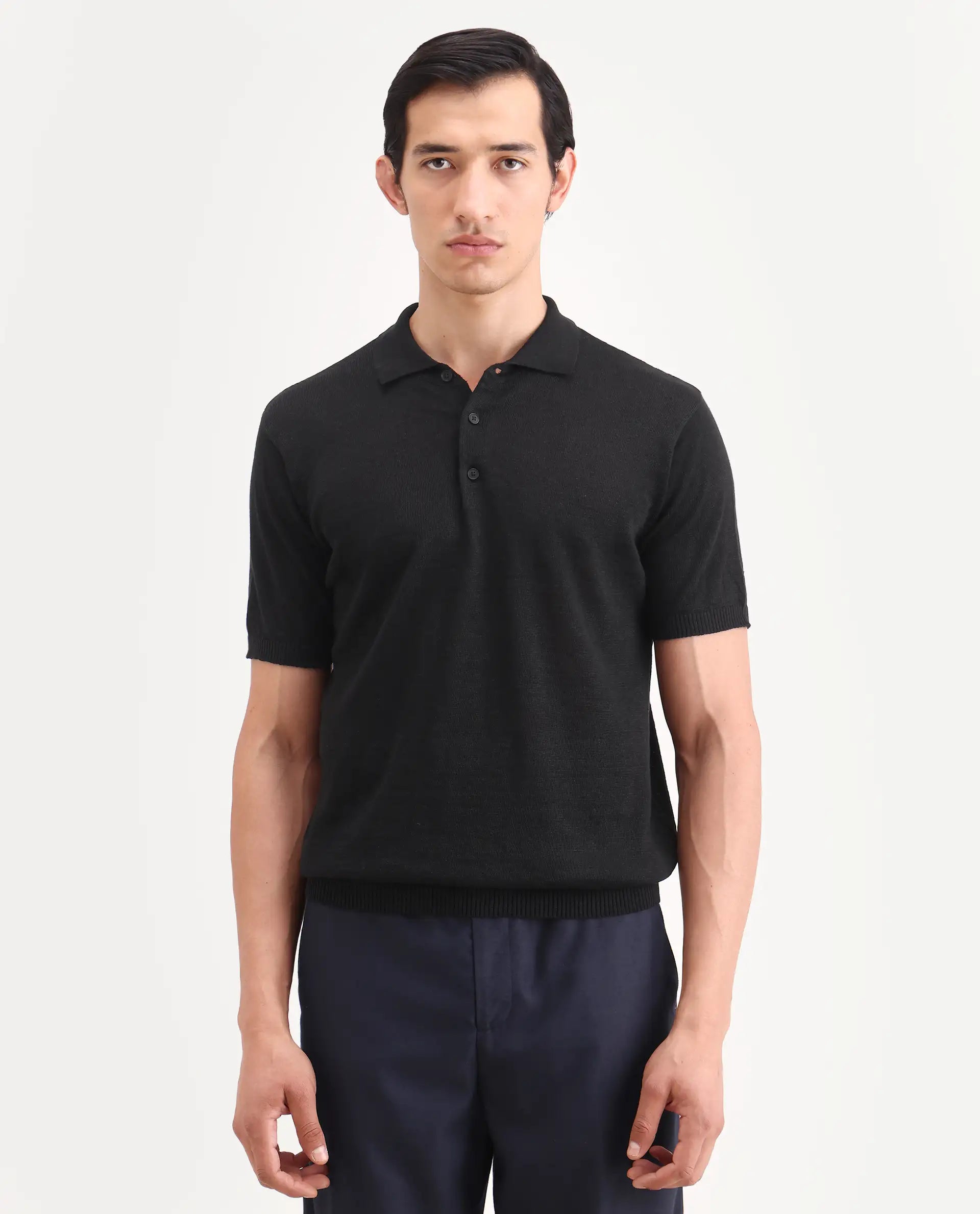 Rare Rabbit Men's Mekko-S26 Black Linen Blend Fabric Half Sleeve Spread Collar Regular Plain Polo