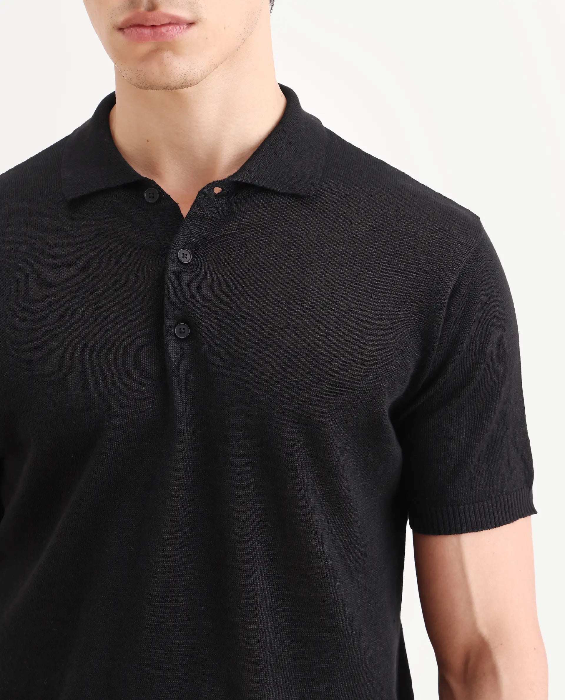 Rare Rabbit Men's Mekko-S26 Black Linen Blend Fabric Half Sleeve Spread Collar Regular Plain Polo