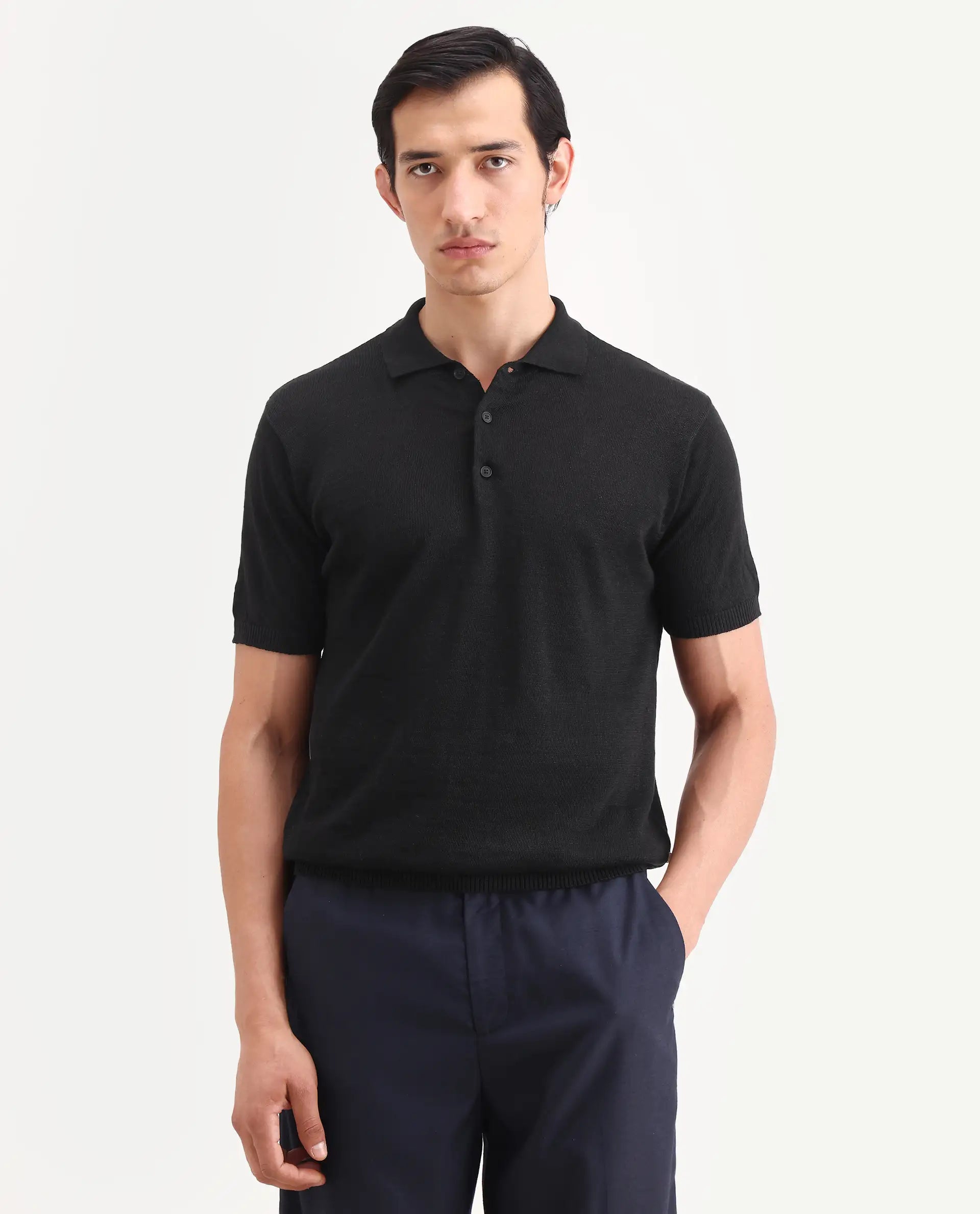 Rare Rabbit Men's Mekko-S26 Black Linen Blend Fabric Half Sleeve Spread Collar Regular Plain Polo