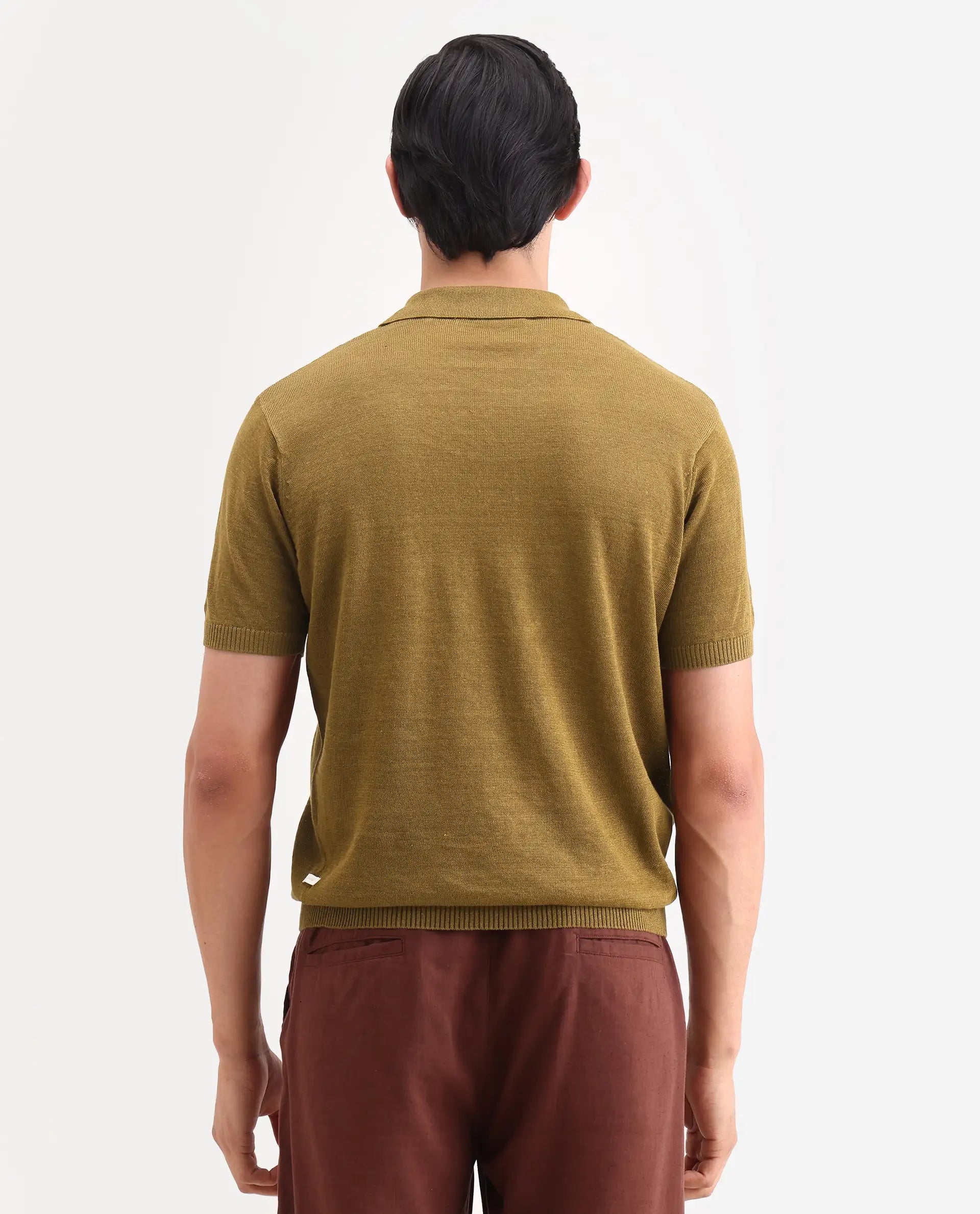 Rare Rabbit Men's Mekko-S26 Dusky Mustard Linen Blend Fabric Half Sleeve Spread Collar Regular Plain Polo