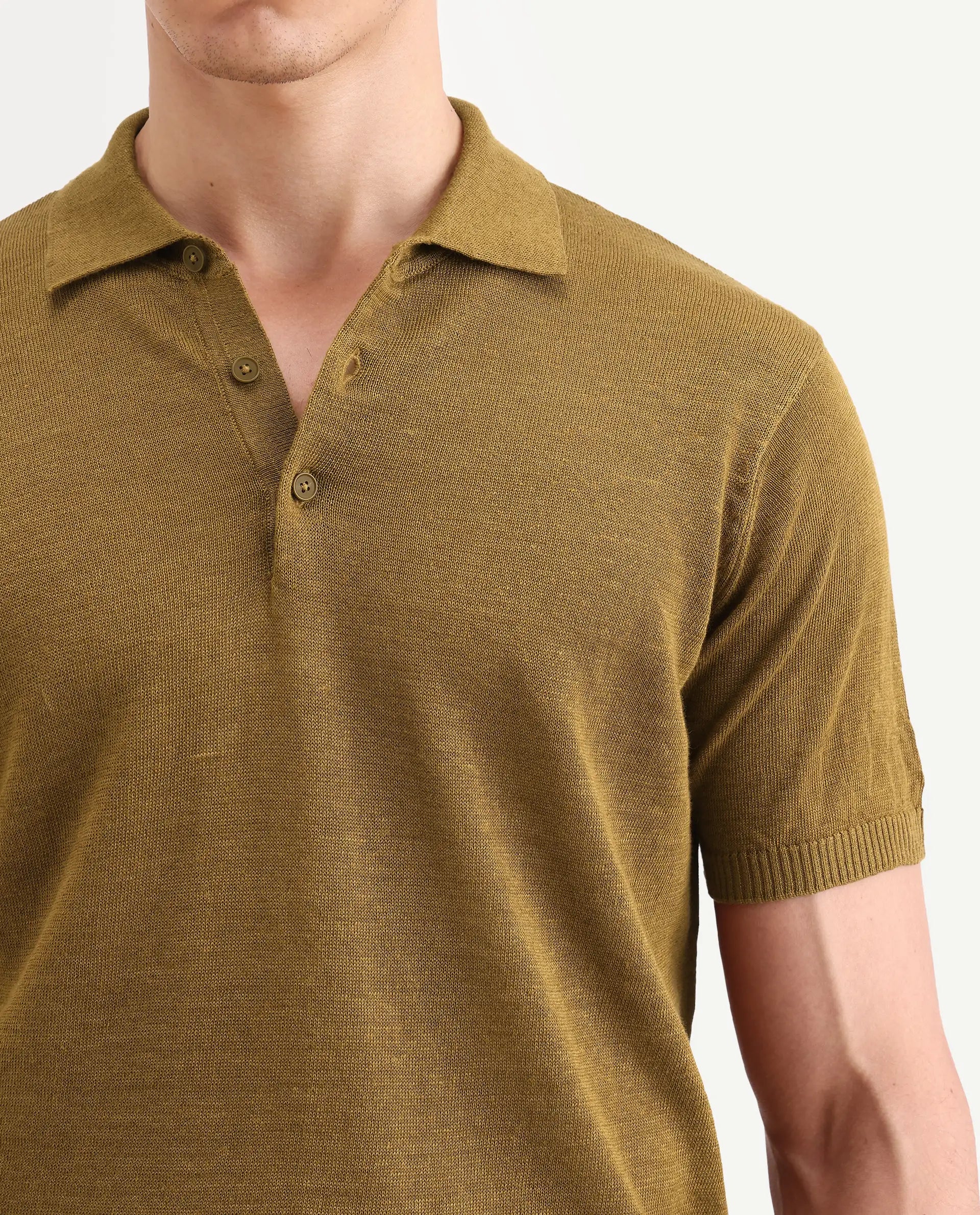 Rare Rabbit Men's Mekko-S26 Dusky Mustard Linen Blend Fabric Half Sleeve Spread Collar Regular Plain Polo