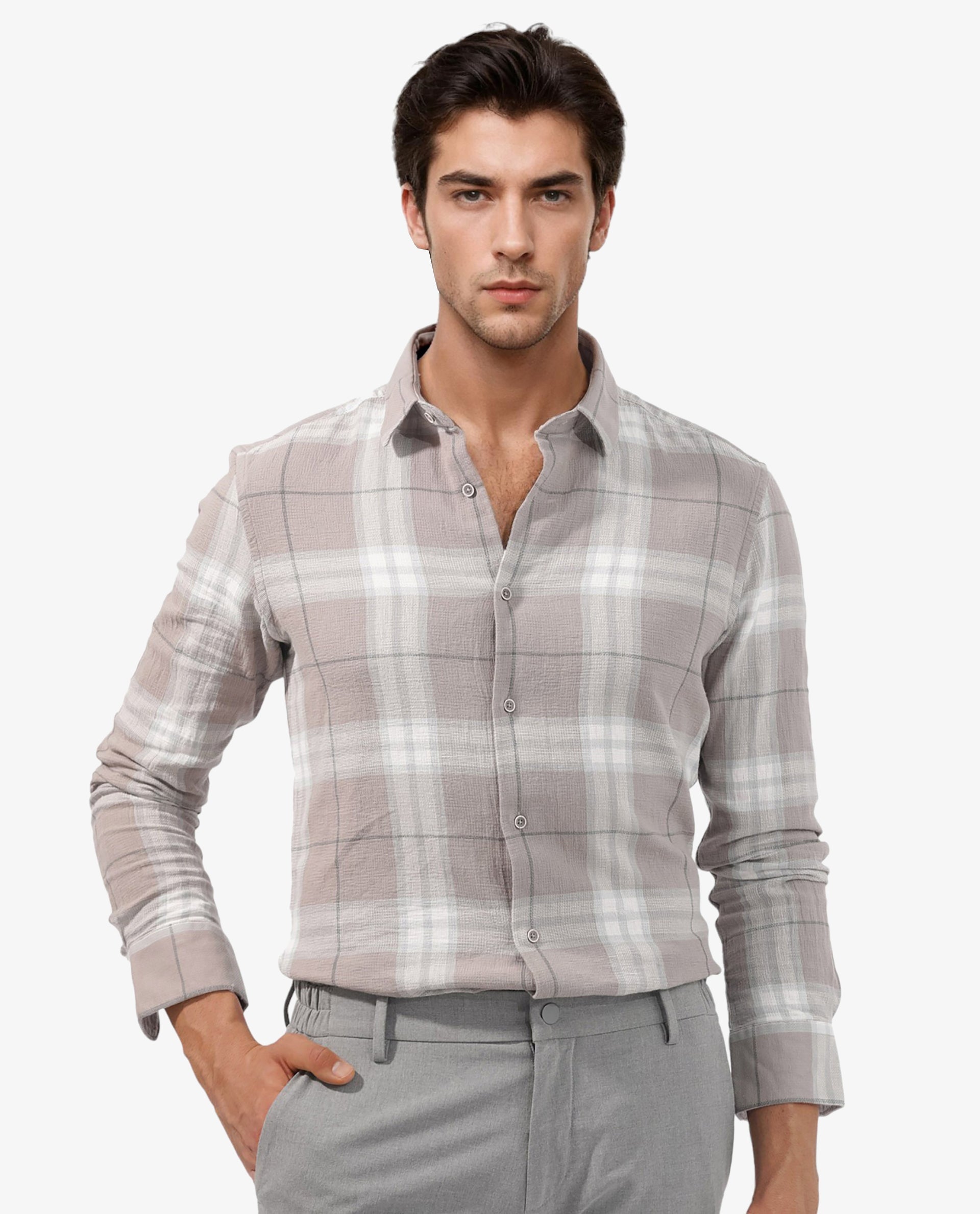 Rare Rabbit Men's Melfi Light Brown Cotton Fabric Full Sleeves Checks Shirt