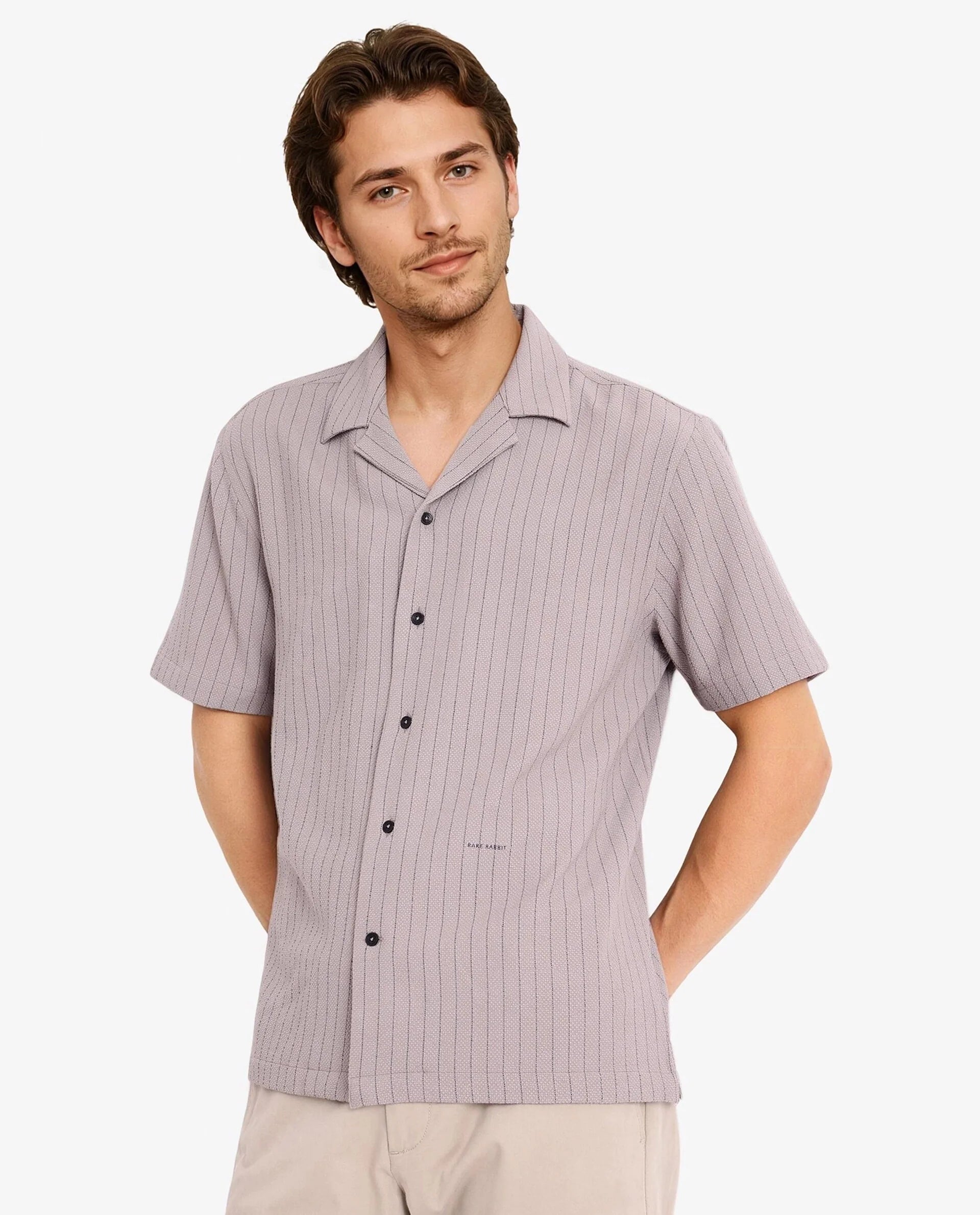 Rare Rabbit Men's Melon Dusky Purple Poly Blend Fabric Half Sleeve Cuban Collared Boxy Fit Striped Shirt