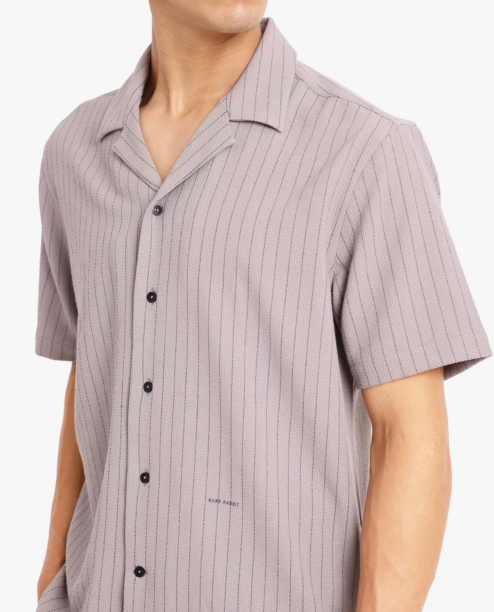 Rare Rabbit Men's Melon Dusky Purple Poly Blend Fabric Half Sleeve Cuban Collared Boxy Fit Striped Shirt