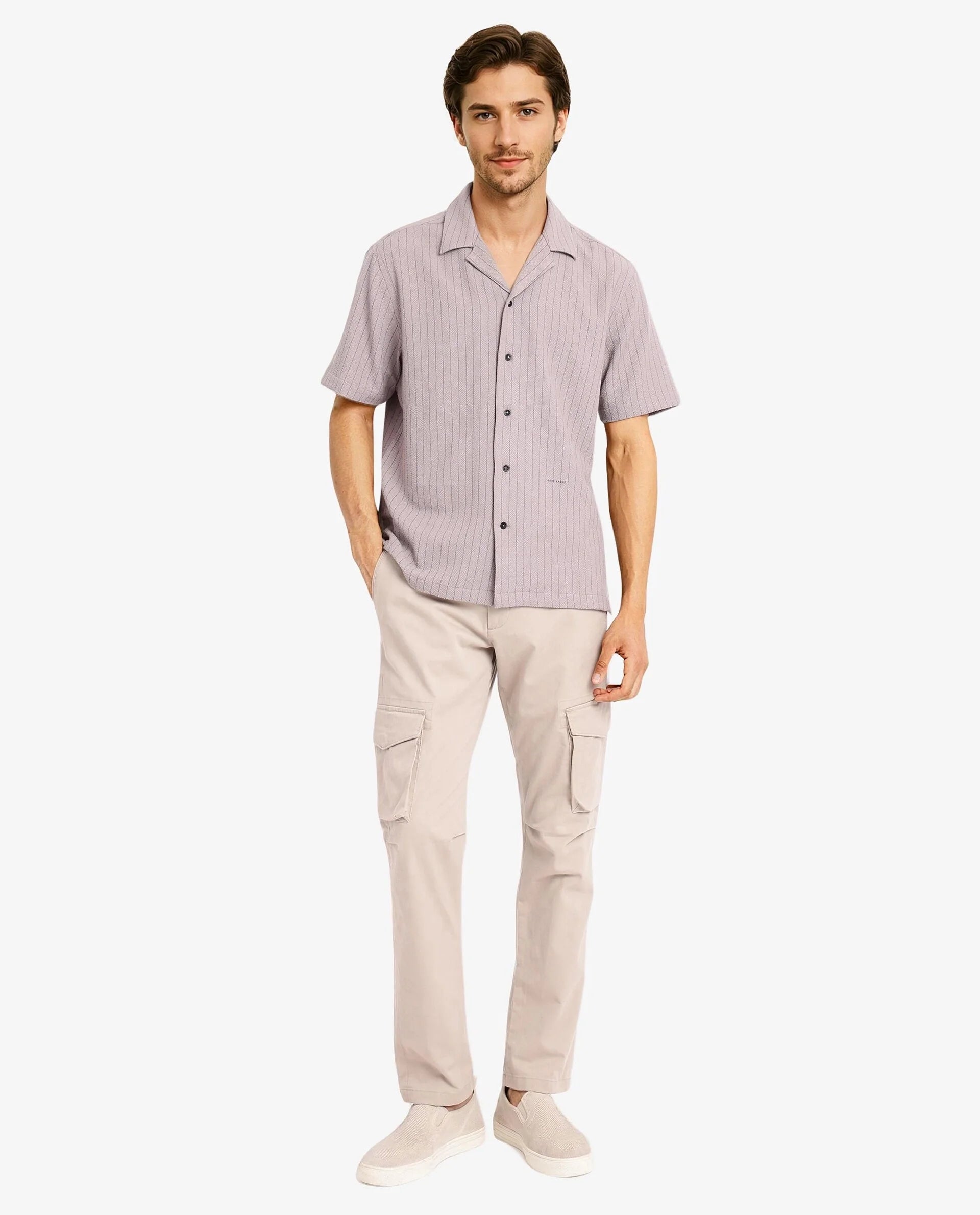 Rare Rabbit Men's Melon Dusky Purple Poly Blend Fabric Half Sleeve Cuban Collared Boxy Fit Striped Shirt