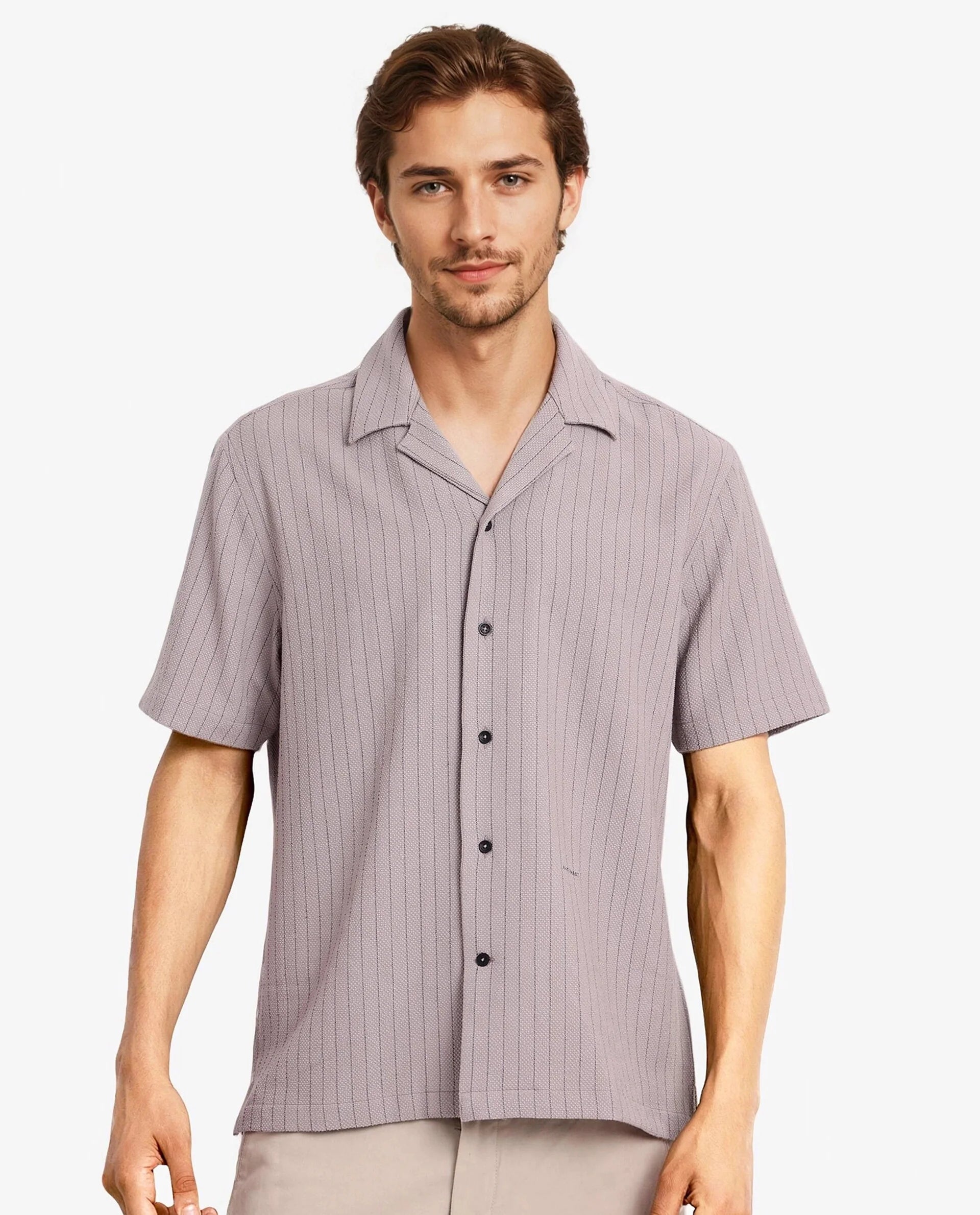 Rare Rabbit Men's Melon Dusky Purple Poly Blend Fabric Half Sleeve Cuban Collared Boxy Fit Striped Shirt