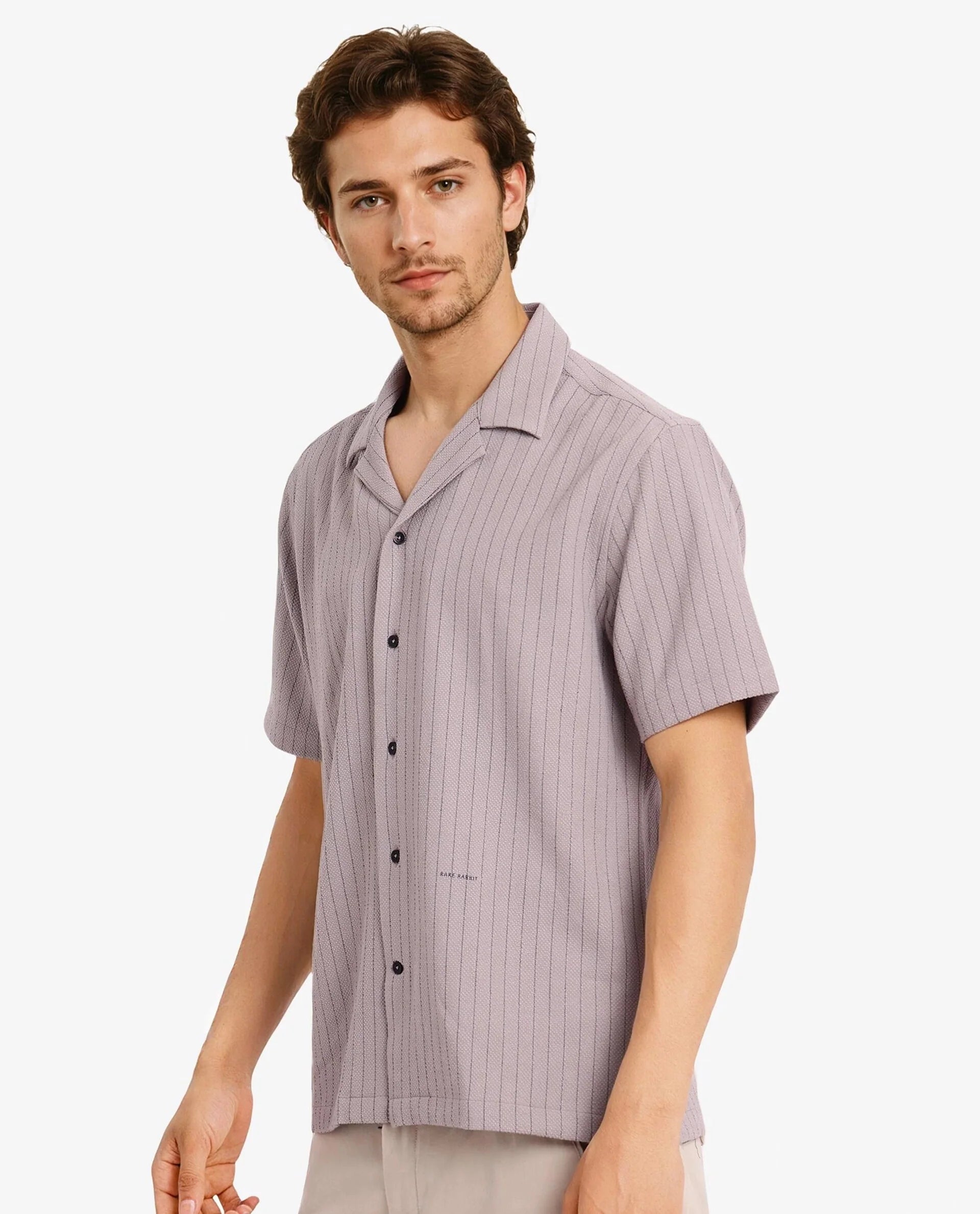 Rare Rabbit Men's Melon Dusky Purple Poly Blend Fabric Half Sleeve Cuban Collared Boxy Fit Striped Shirt