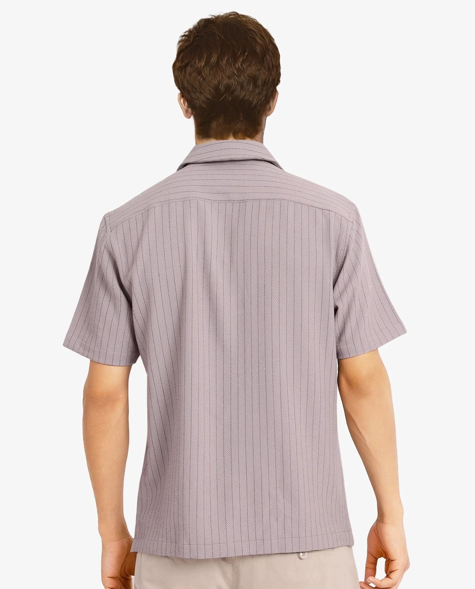 Rare Rabbit Men's Melon Dusky Purple Poly Blend Fabric Half Sleeve Cuban Collared Boxy Fit Striped Shirt