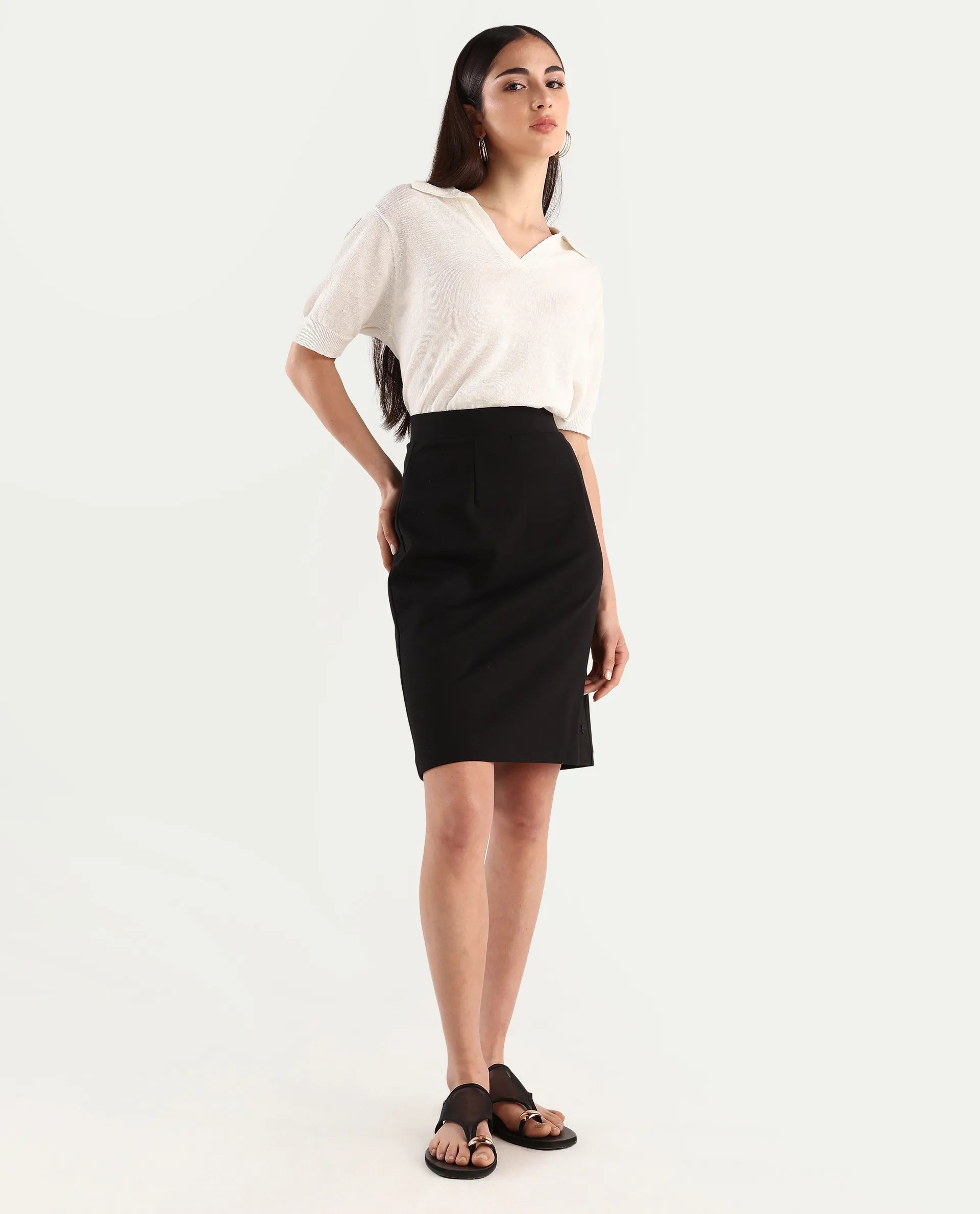Rareism Women's Melunia Black Polyester Blend Plain Knee Length Straight Fit Skirt