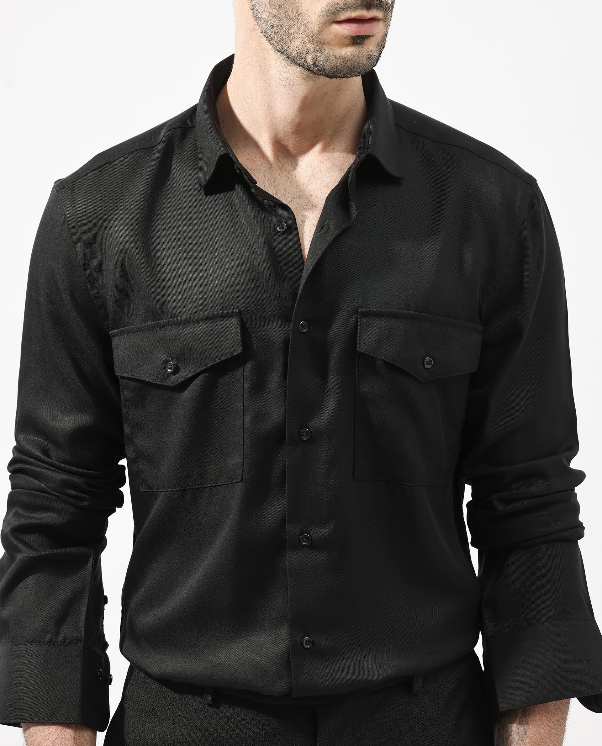 Rare Rabbit Mens Memop Ls Black Tencel Fabric Full Sleeve Solid Shirt