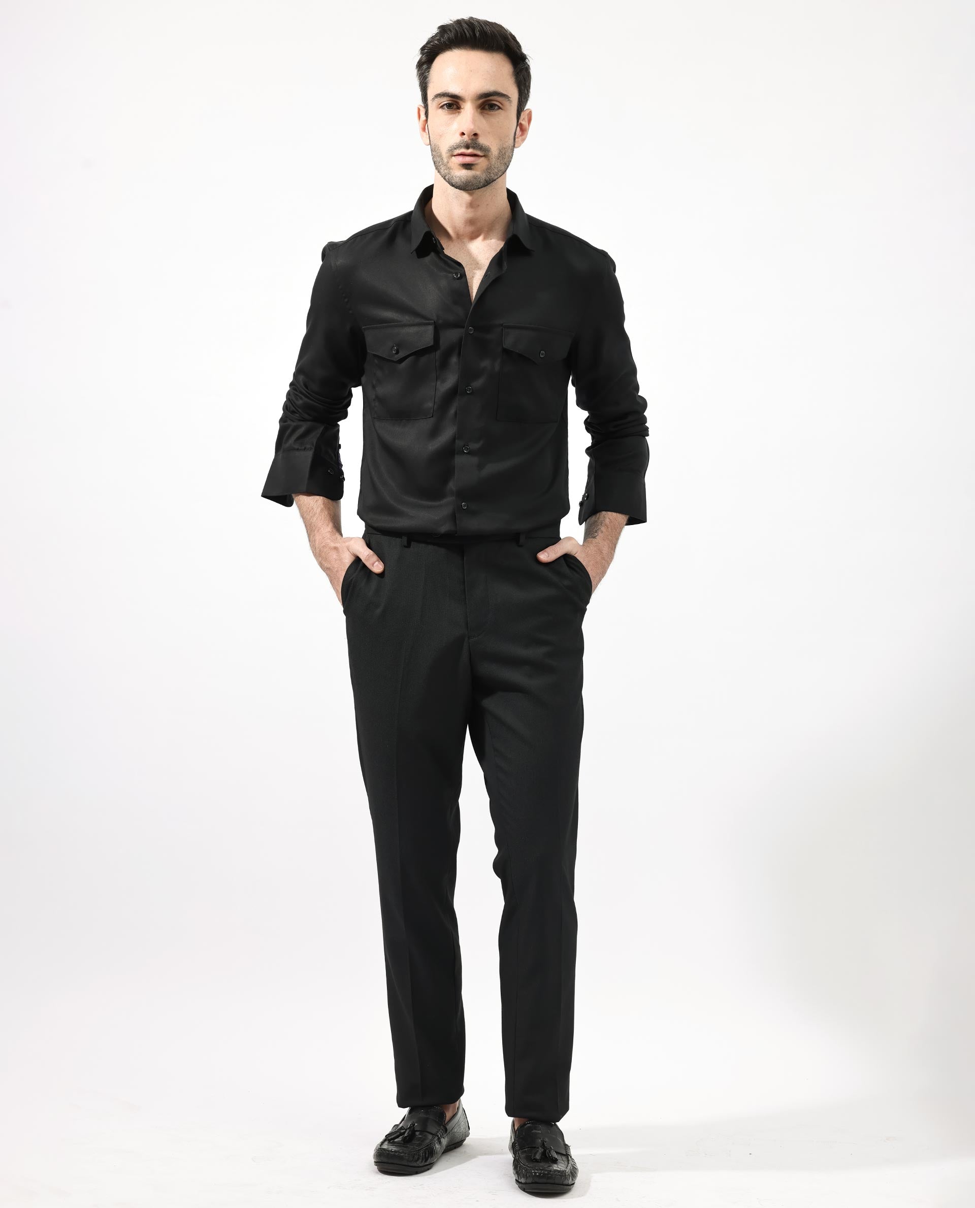 Rare Rabbit Mens Memop Ls Black Tencel Fabric Full Sleeve Solid Shirt