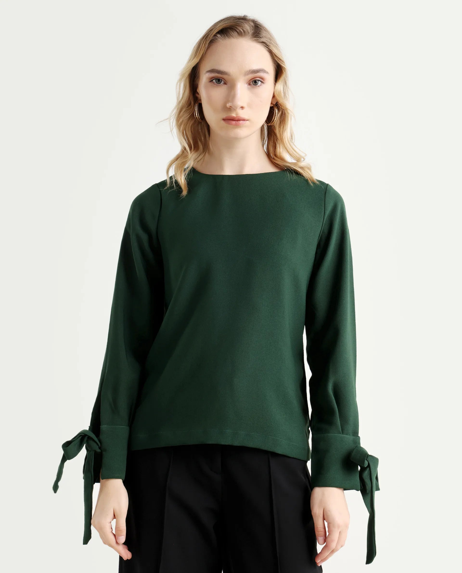 Rareism Women's Merach Green Polyester Boat Neck Plain Regular Fit Top