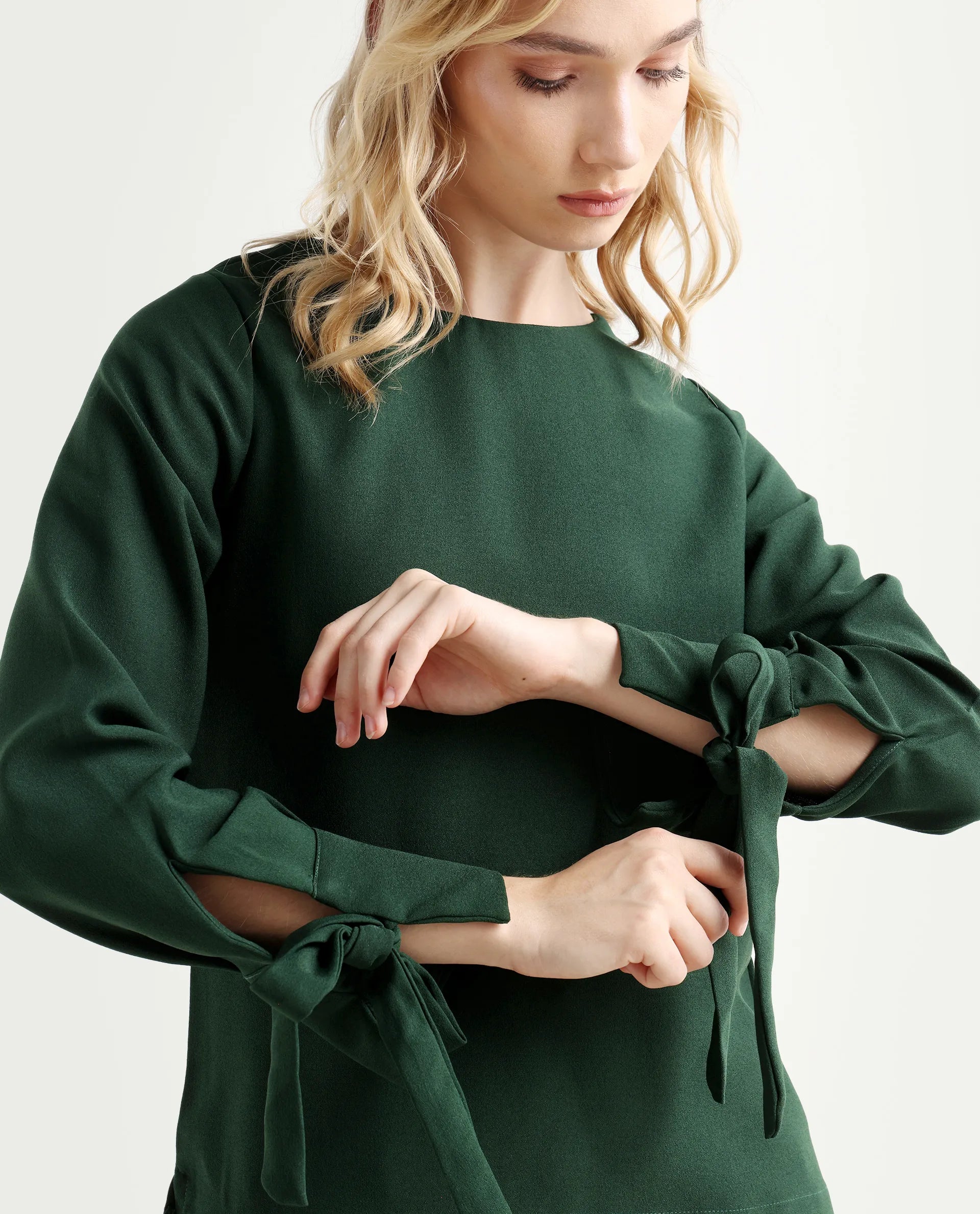 Rareism Women's Merach Green Polyester Boat Neck Plain Regular Fit Top