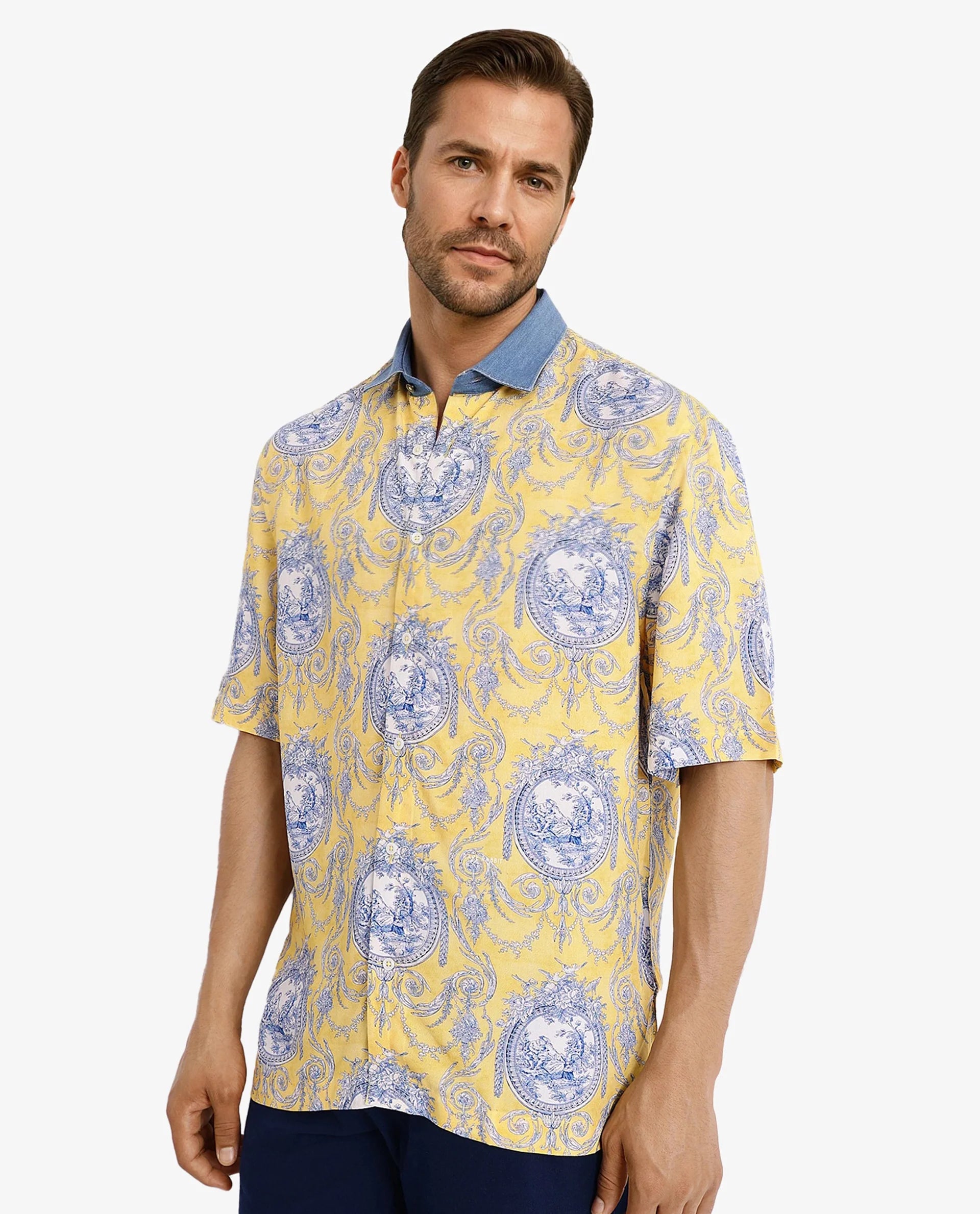 Rare Rabbit Mens Meridin Yellow Viscose Half Sleeve Boxy Fit Decorative Art Print Shirt