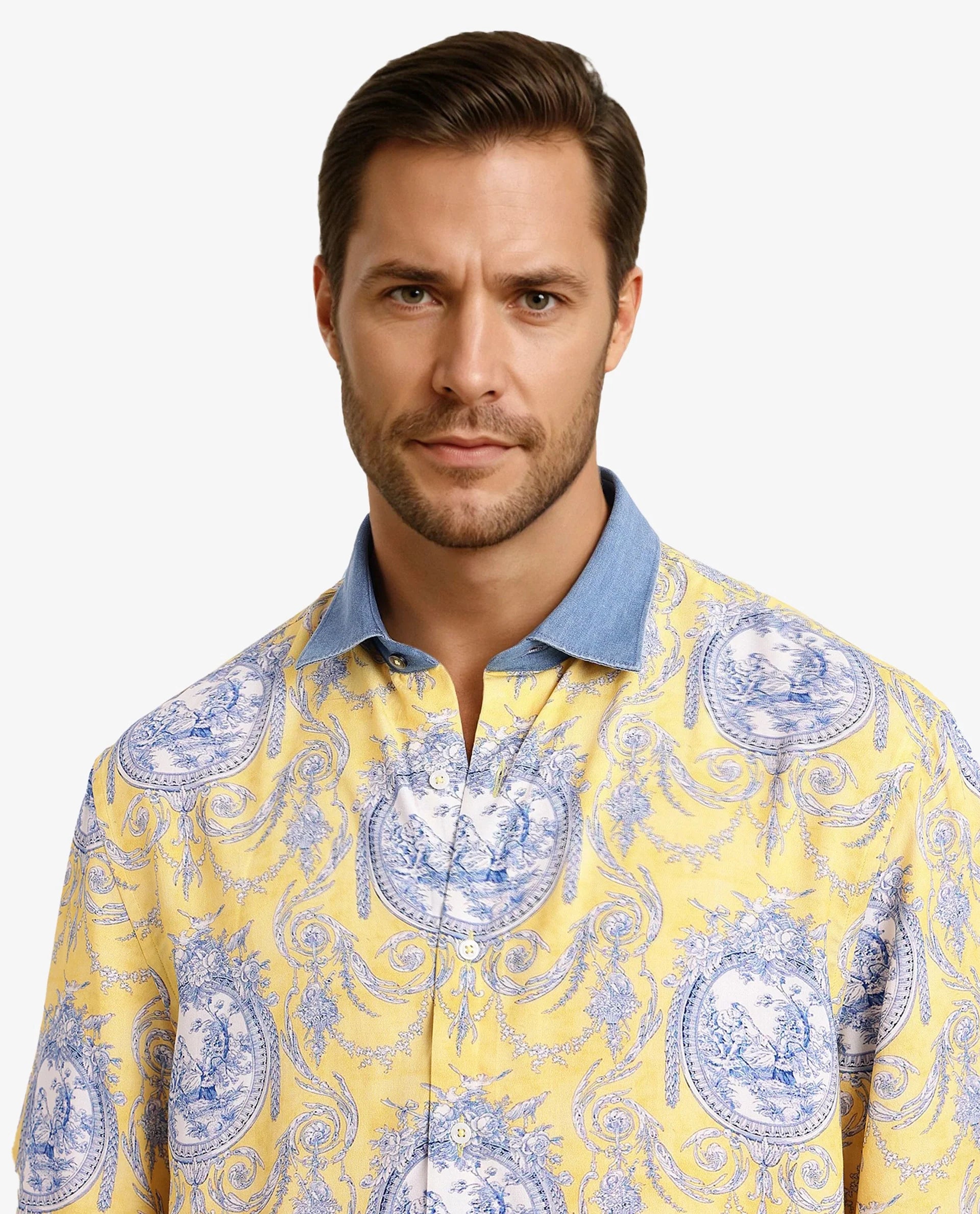 Rare Rabbit Mens Meridin Yellow Viscose Half Sleeve Boxy Fit Decorative Art Print Shirt