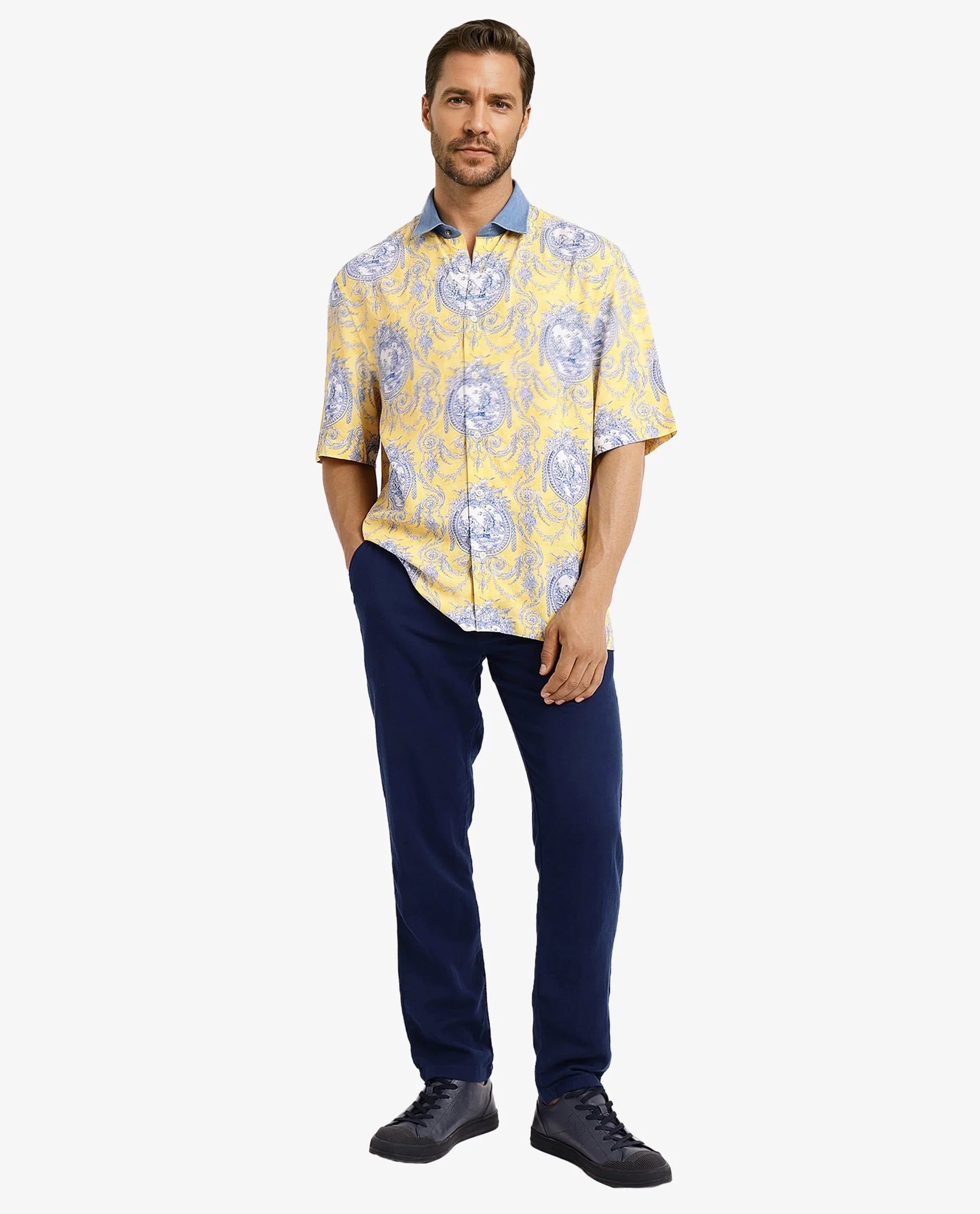 Rare Rabbit Mens Meridin Yellow Viscose Half Sleeve Boxy Fit Decorative Art Print Shirt