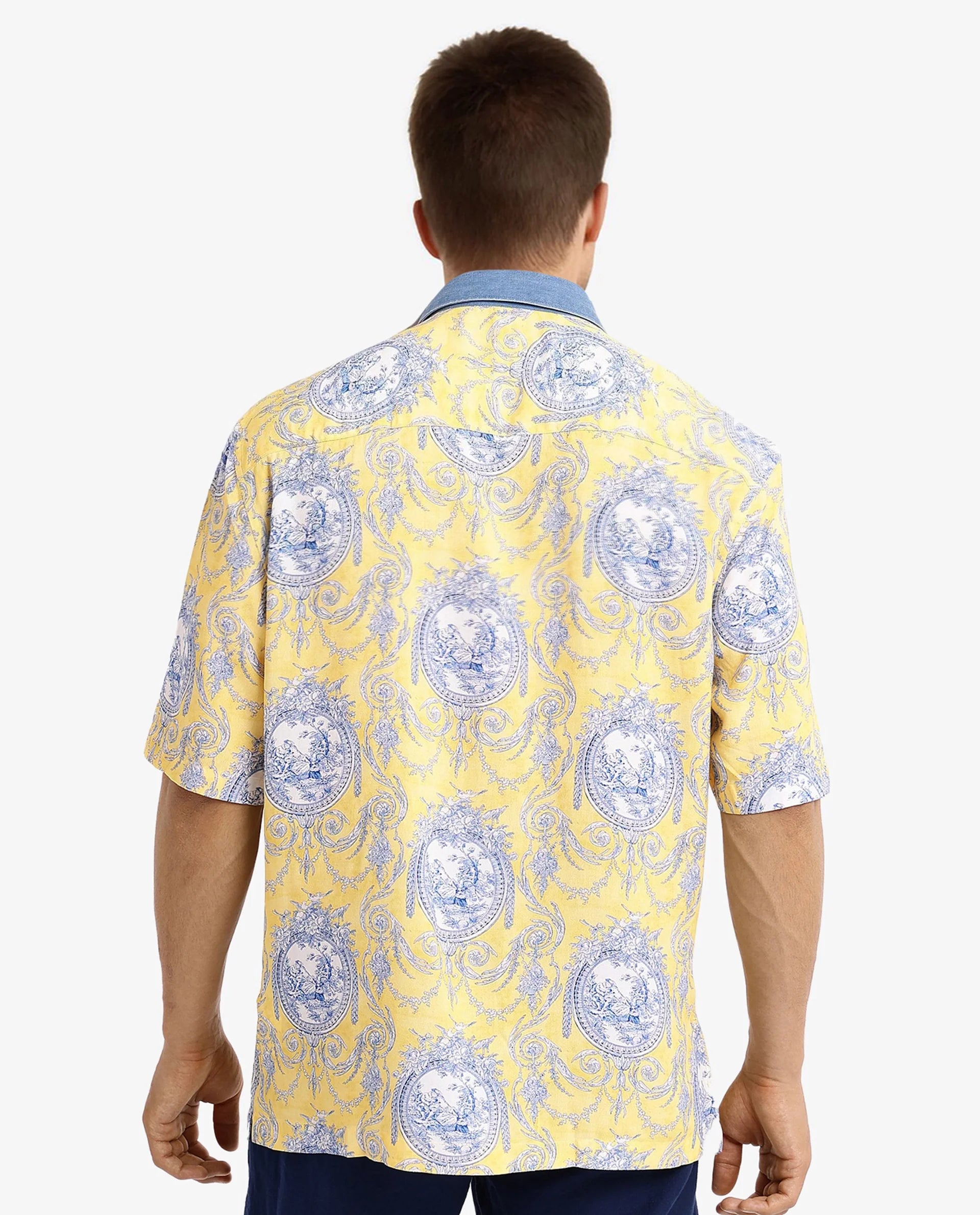 Rare Rabbit Mens Meridin Yellow Viscose Half Sleeve Boxy Fit Decorative Art Print Shirt