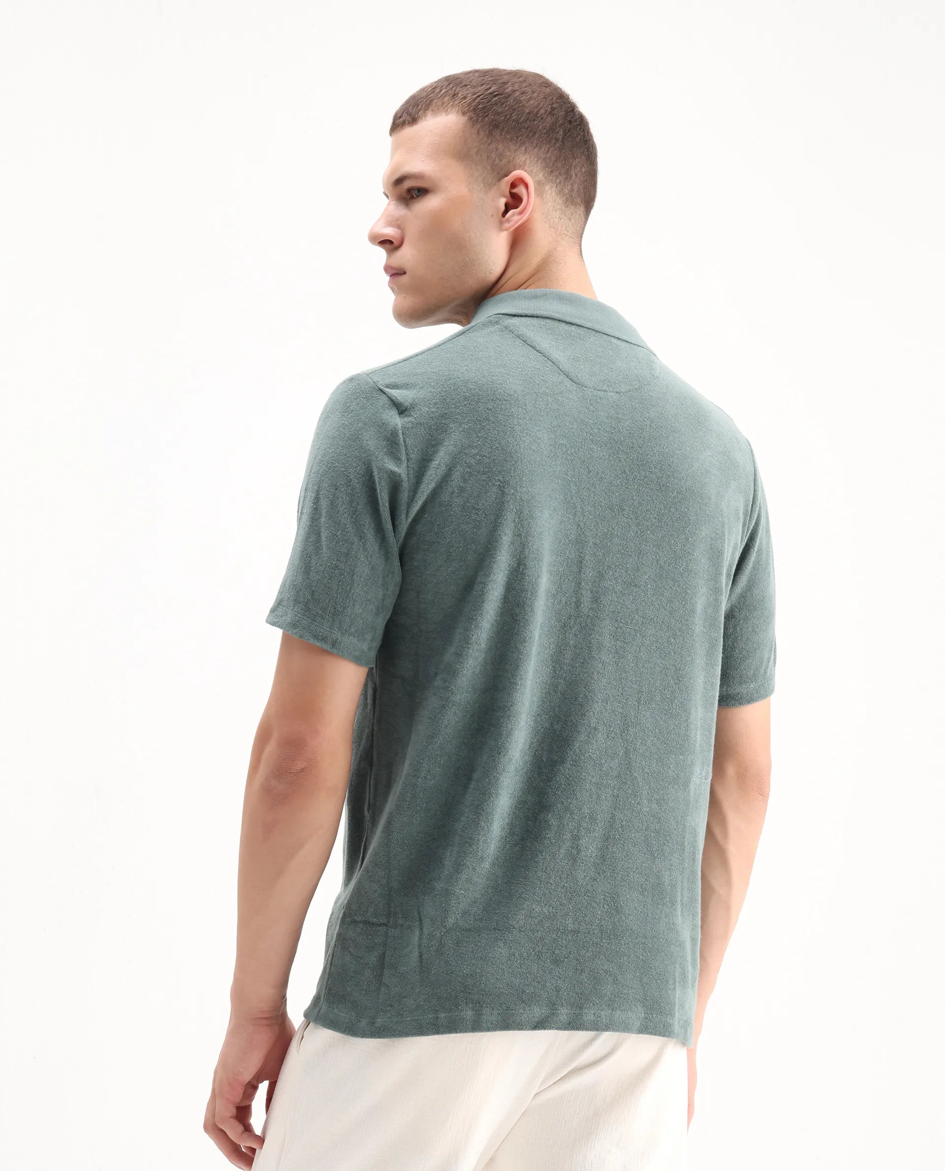 Rare Rabbit Men's Merk Dusky Green Cotton Textured Regular Fit Half Sleeve Polo