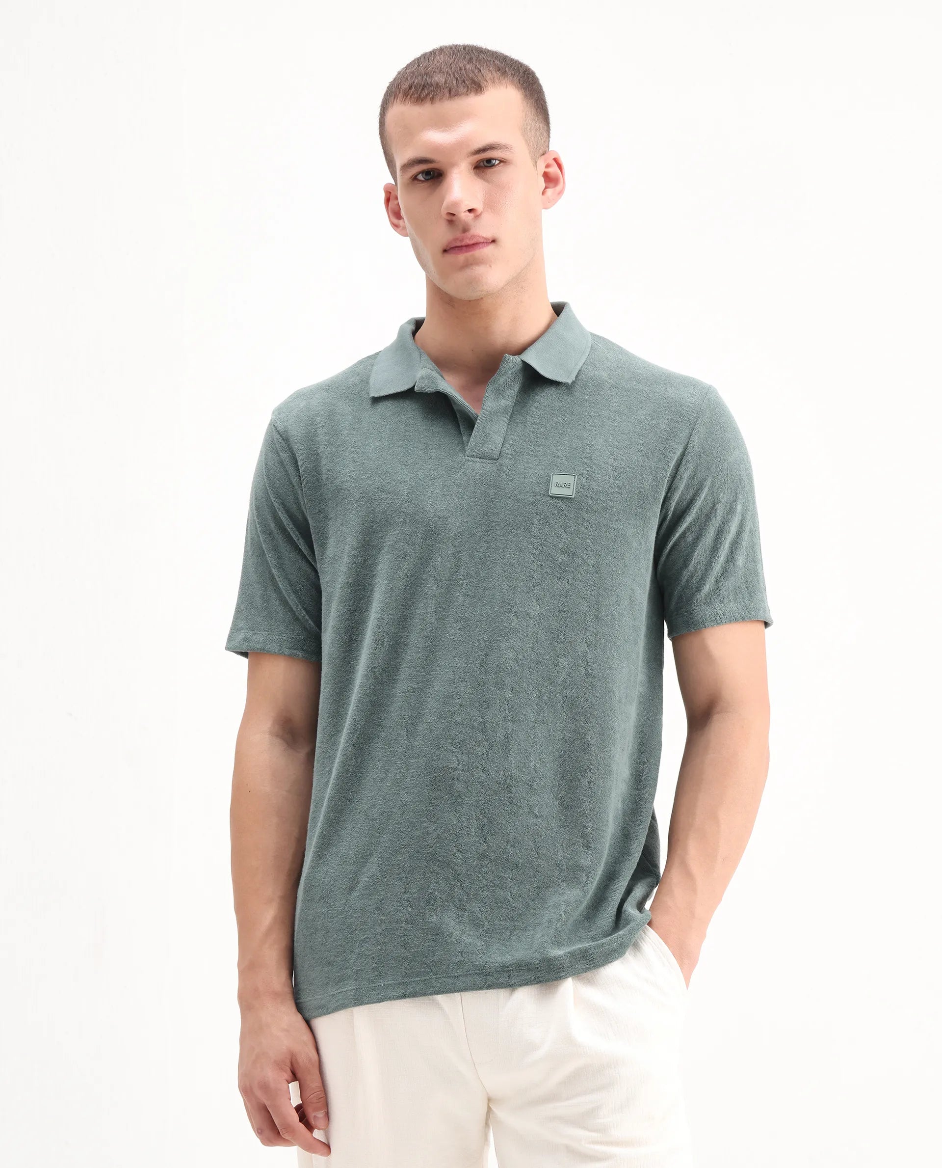 Rare Rabbit Men's Merk Dusky Green Cotton Textured Regular Fit Half Sleeve Polo