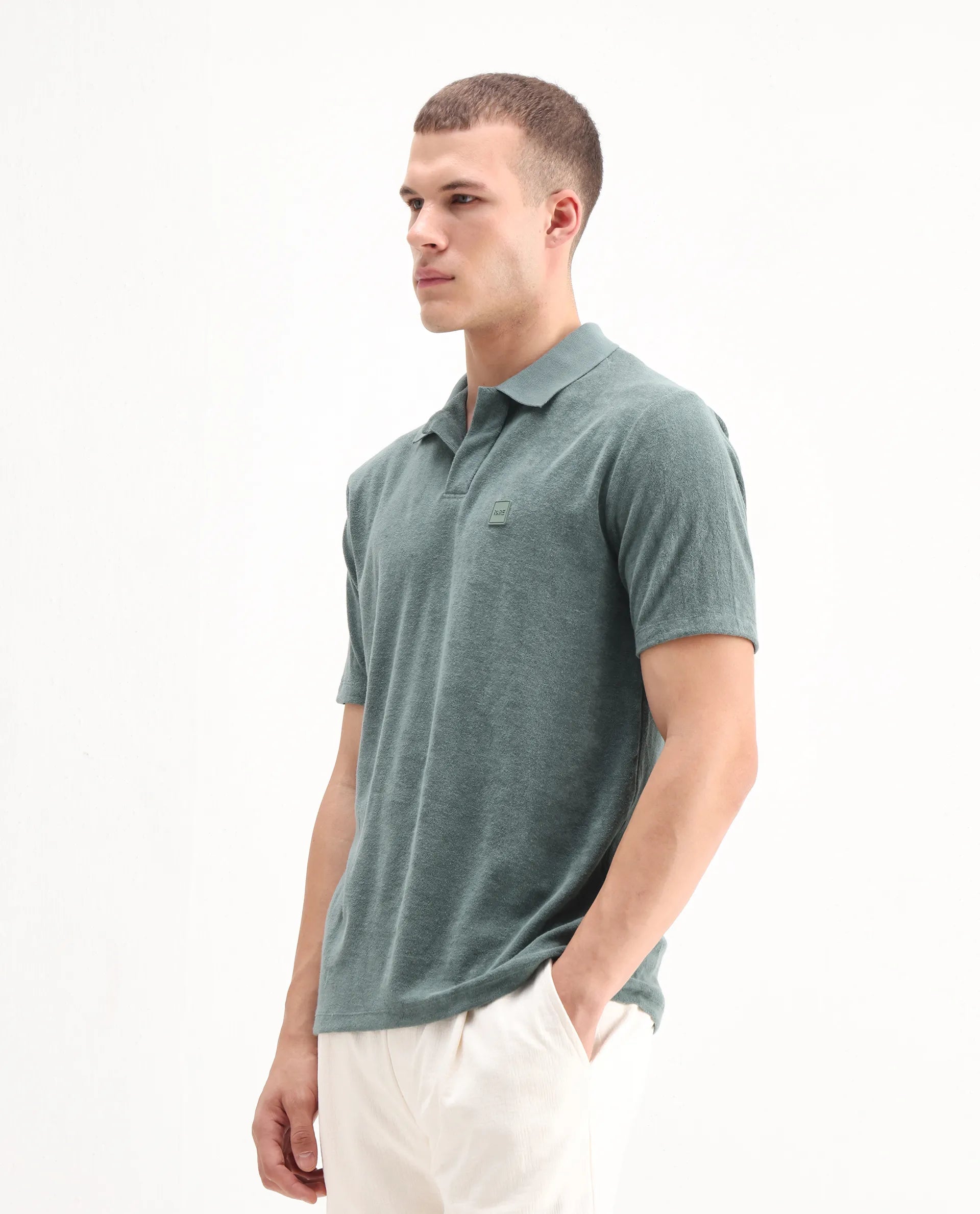 Rare Rabbit Men's Merk Dusky Green Cotton Textured Regular Fit Half Sleeve Polo