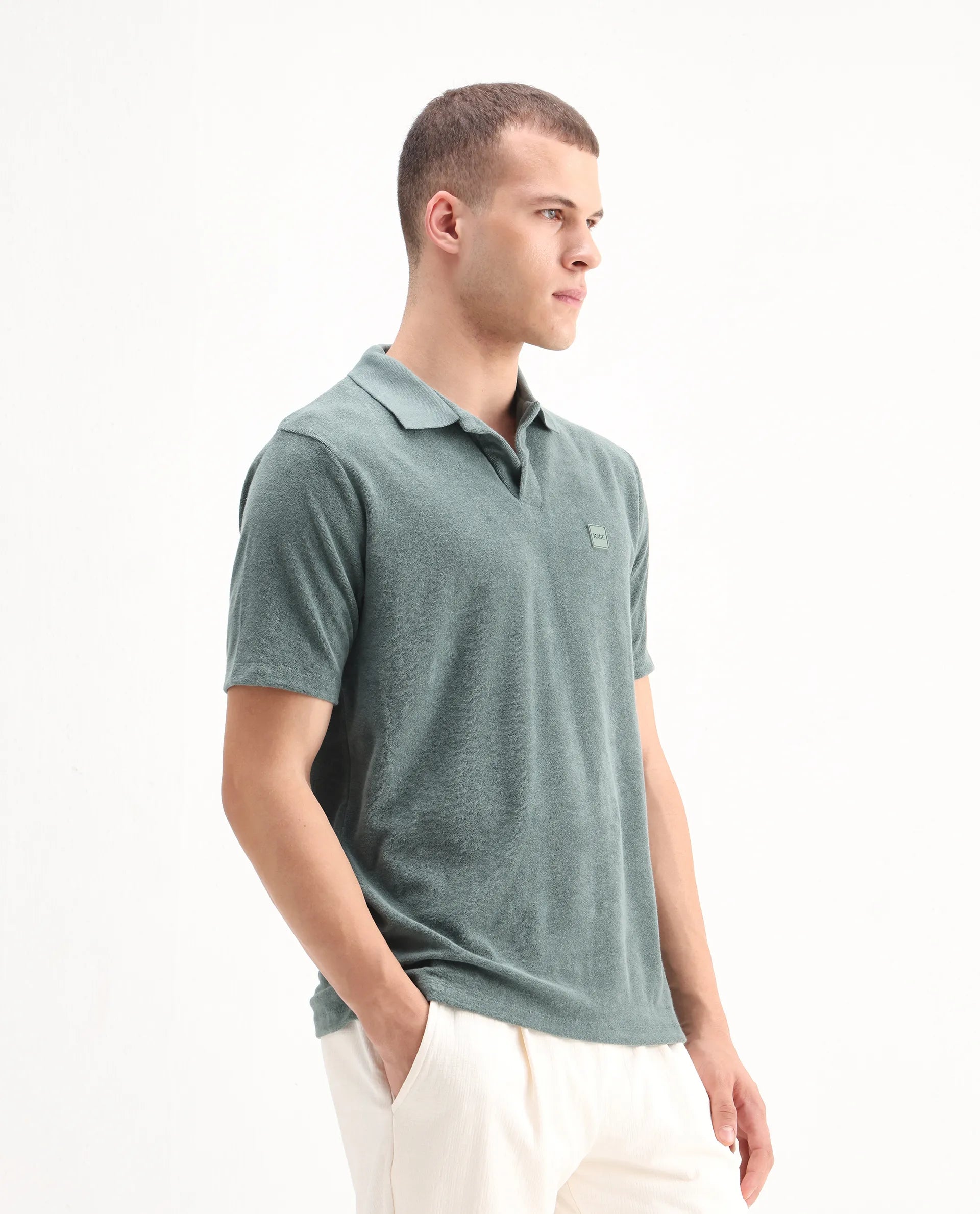 Rare Rabbit Men's Merk Dusky Green Cotton Textured Regular Fit Half Sleeve Polo