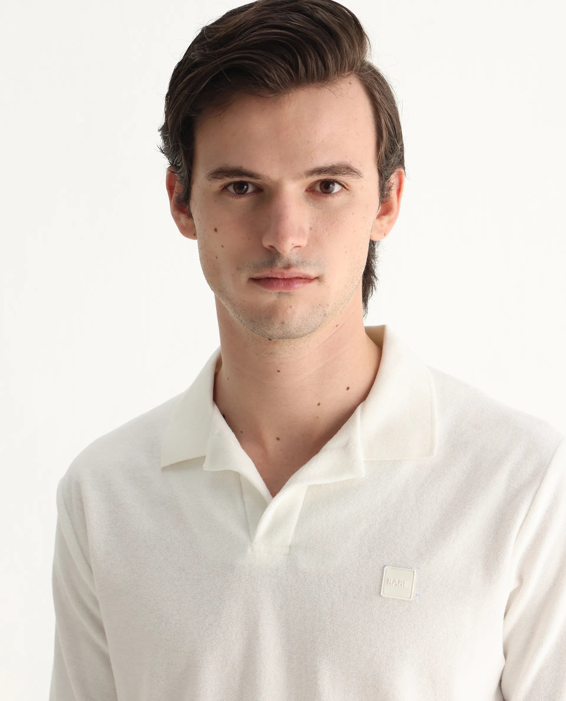 Rare Rabbit Men's Merk White Cotton Textured Regular Fit Half Sleeve Polo