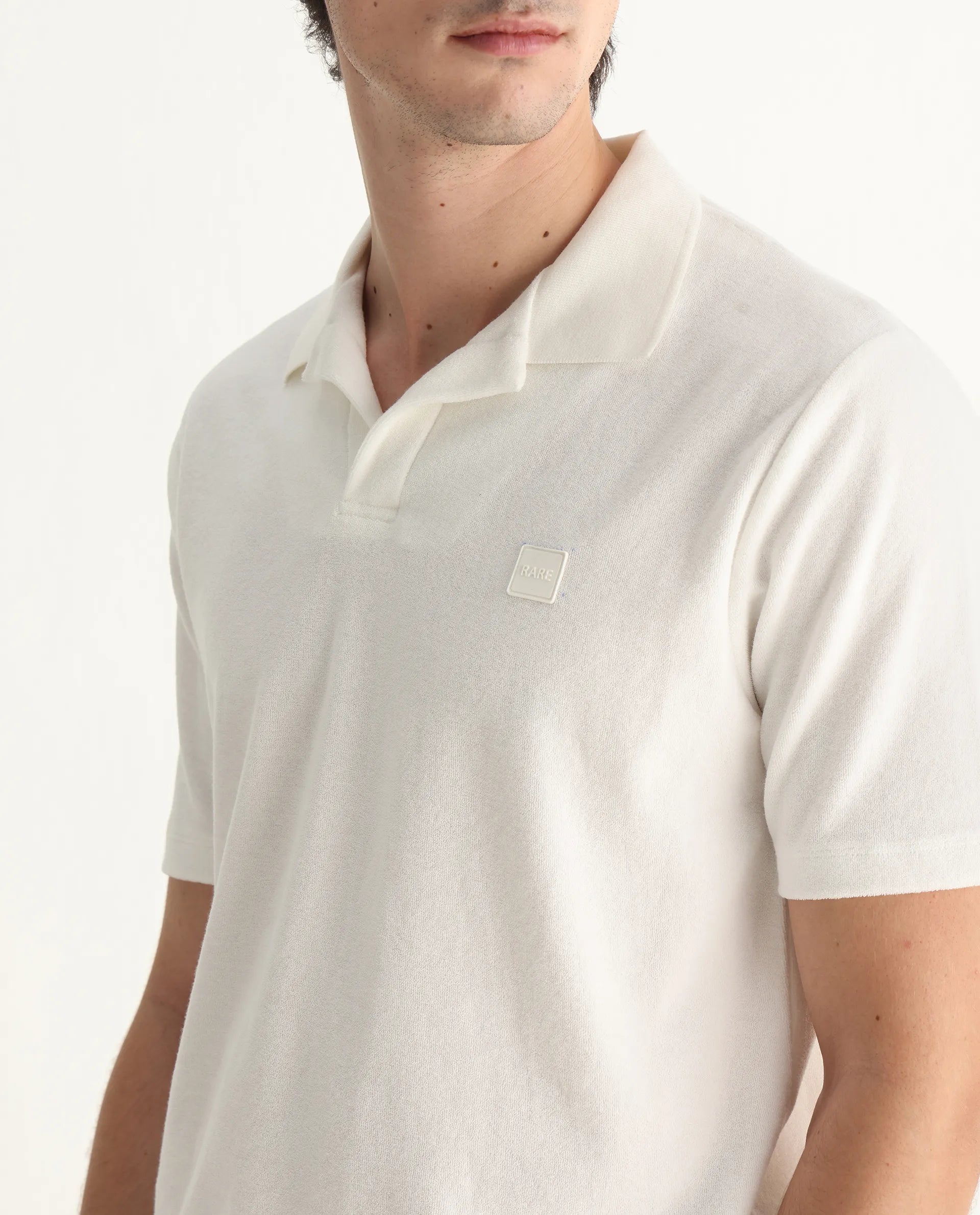 Rare Rabbit Men's Merk White Cotton Textured Regular Fit Half Sleeve Polo